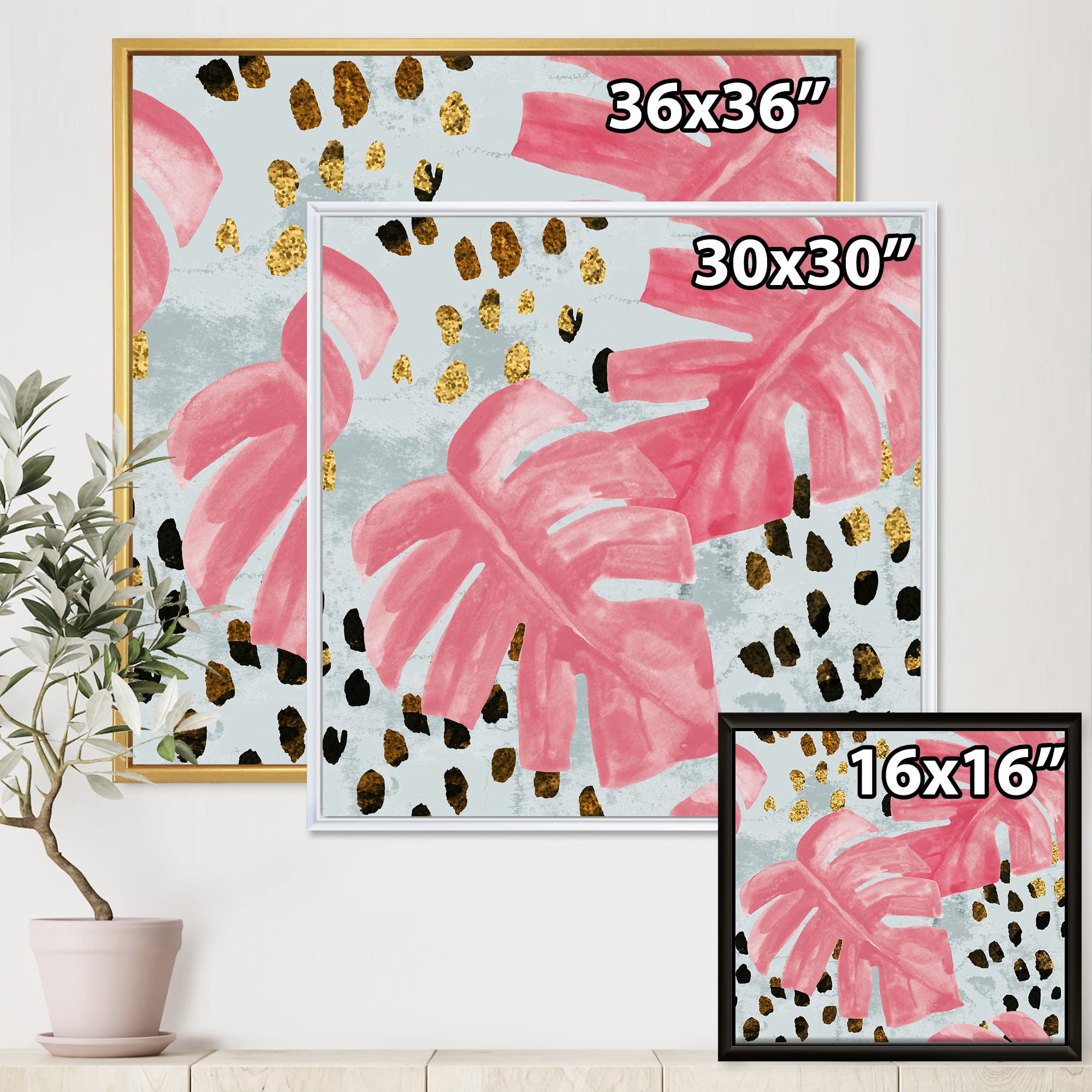 DesignQ Pink Monstera Leaf Tropical Wall Art - Framed Canvas Print with Rough Brush Strokes for Home & Office Decor