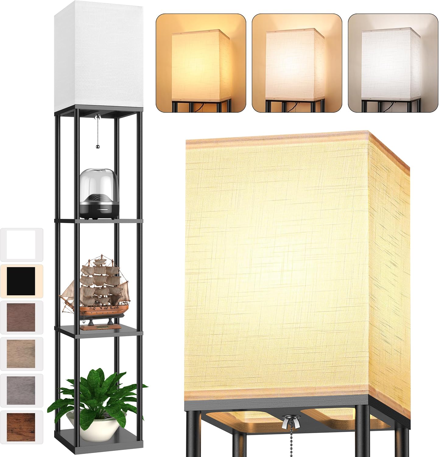 Modern Floor Lamp with Shelves - 3-Tier Corner Standing Lamp with Adjustable CCT LED Bulb & White Linen Shade for Living Room, Bedroom, Office - Perfect for Reading, Displaying Decor & Creating Ambient Lighting