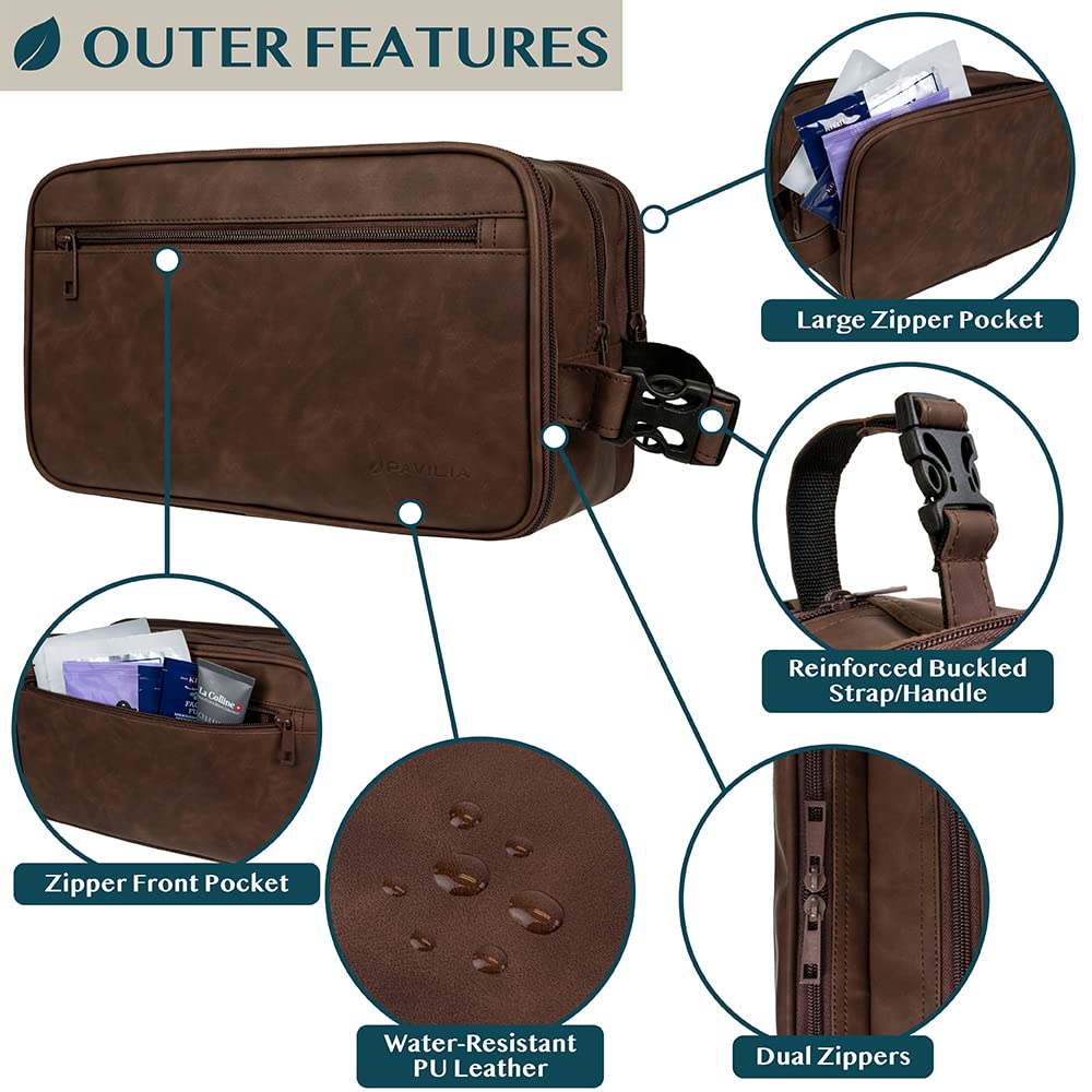 PAVILIA Men's Travel Toiletry Bag - Waterproof PU Leather Dopp Kit Organizer for Shaving, Cosmetic & Grooming Essentials | Perfect for Business Trips, Gym, Camping & Vacation (Black)