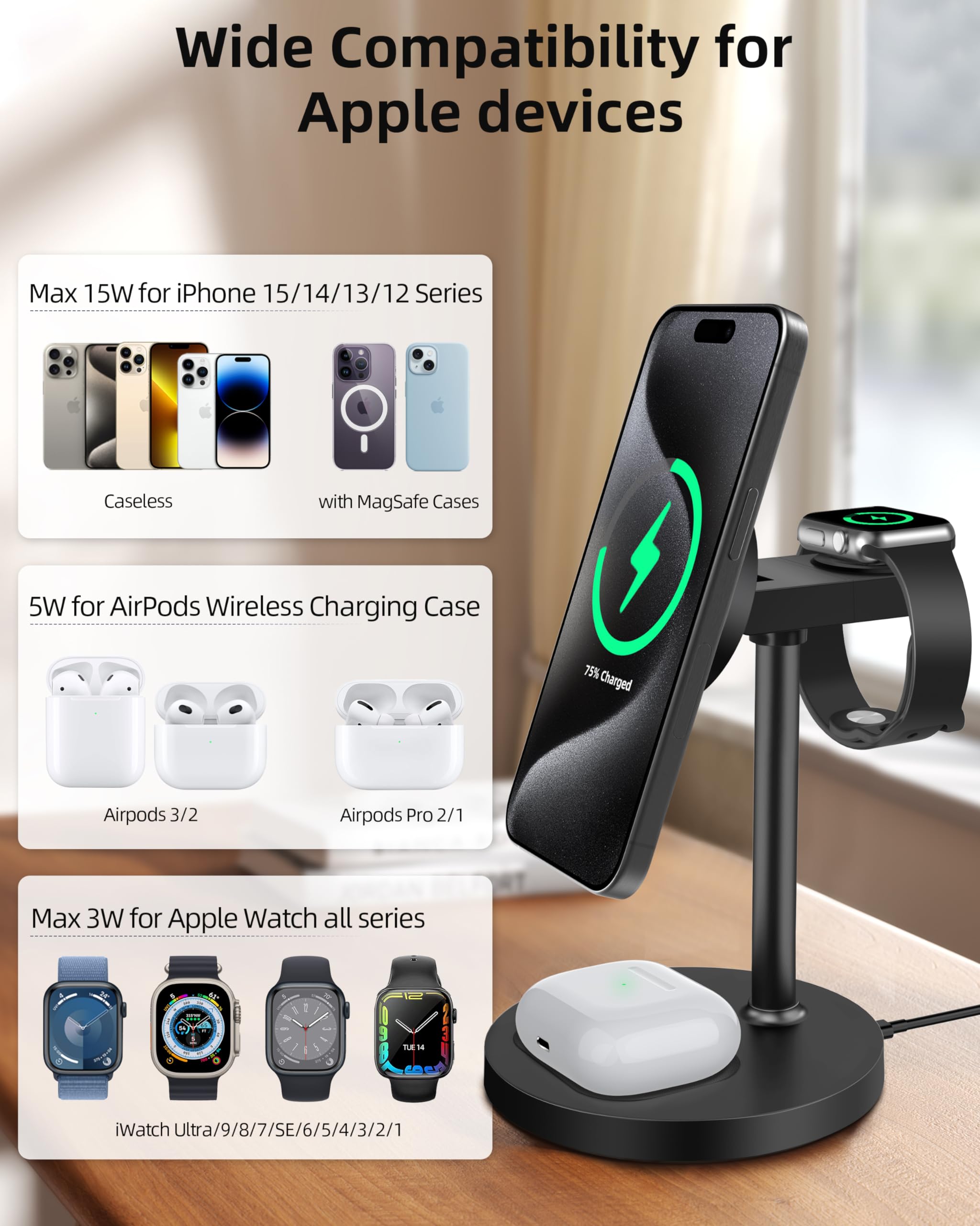 3-in-1 Magnetic Wireless Charger Stand for iPhone 16/15/14/13/12 Series | Fast Charging Station for Apple Watch & AirPods | Aluminum Alloy Base with Leather Pad (Black) - Perfect for Home, Office & Nightstand Charging