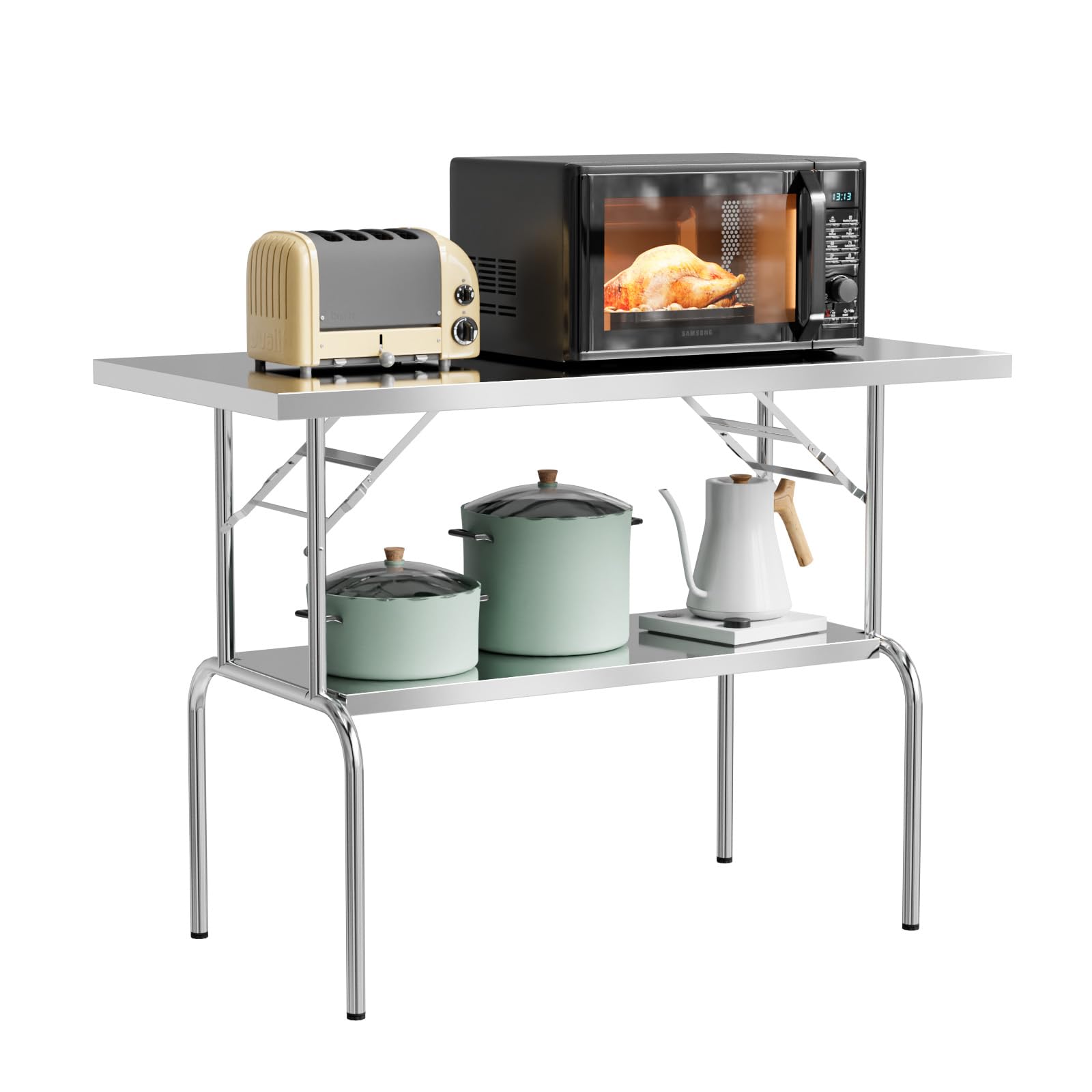 ROVSUN 48 x 24 Inch NSF Certified Stainless Steel Folding Table - Heavy Duty Commercial Prep Table with Undershelf | Portable for Kitchen, Restaurant, Hotel, Outdoor Camping & Picnic | Perfect for Food Prep, Buffet Serving & Outdoor Dining