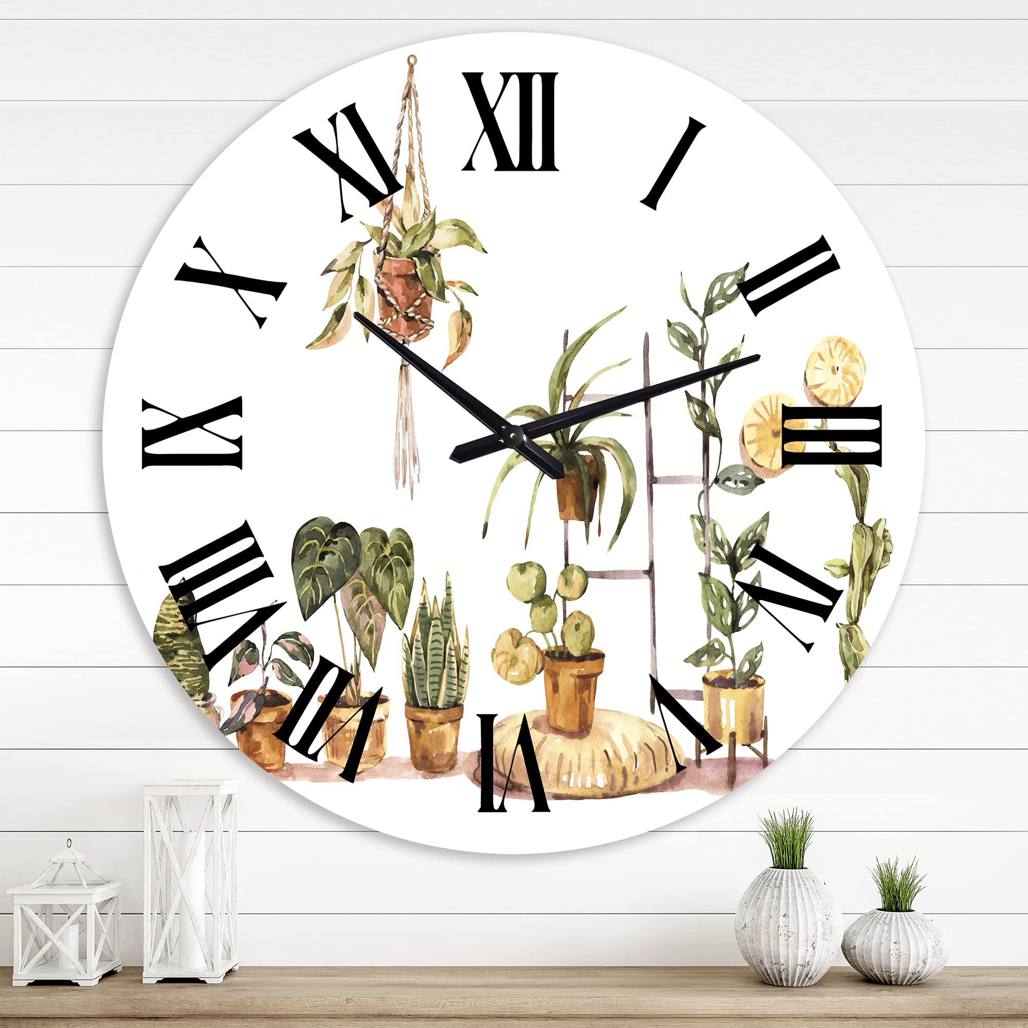 DesignQ Traditional Large Wall Clock - Indoor House Plants Urban Jungle II Floral & Botanical Decor for Bedroom, Living Room & Office | Perfect for Home, Office & Gift Giving