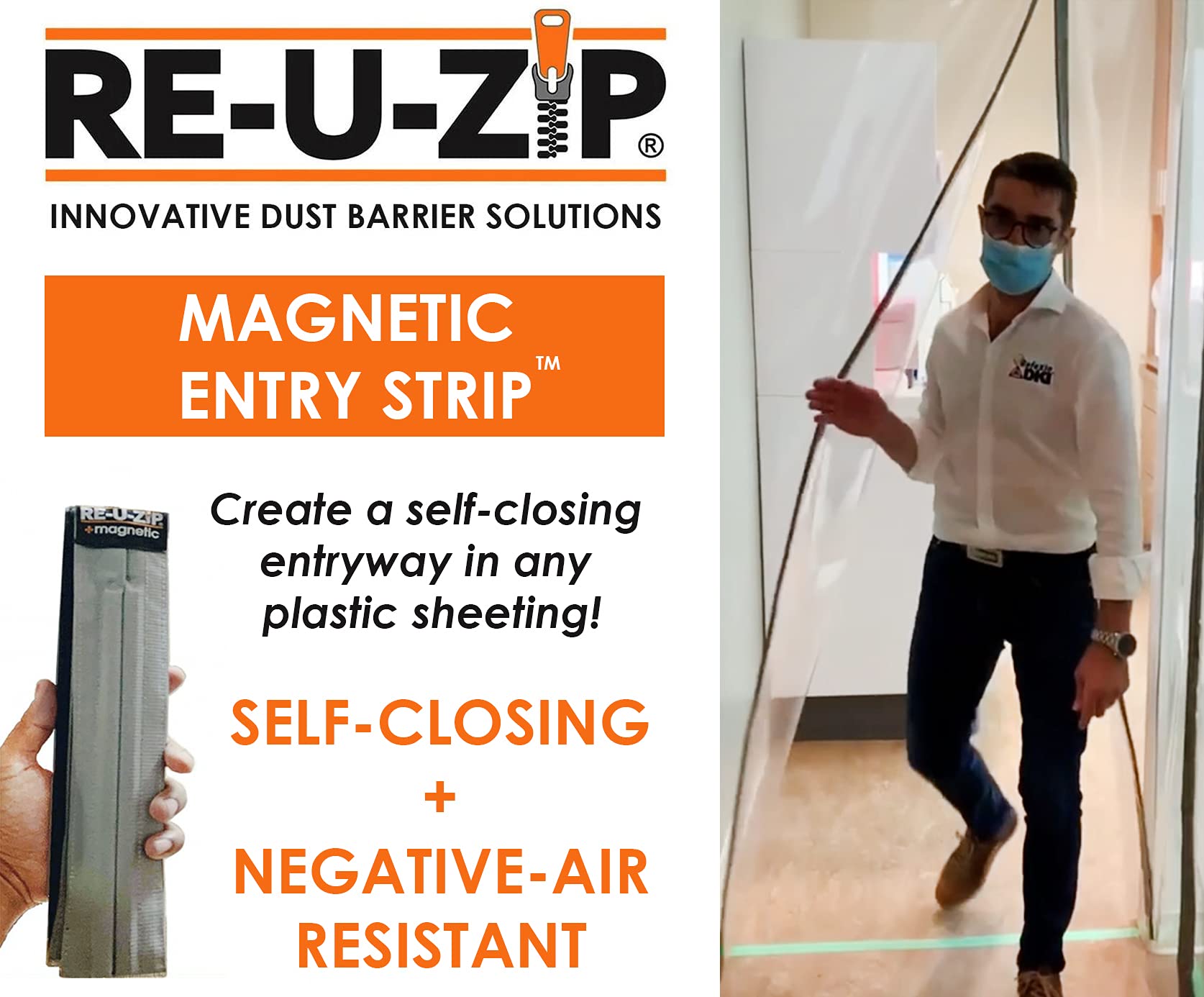 RE-U-ZIP® Reusable Dust Barrier Entry System Pro Bundle - 1 Magnetic Self-Closing Strip + 6 Orange Zippers + 16 Mounting Refills + 2 Carry Cases + 12 Zip Ties | Dust Control for Construction, Renovation & Home Improvement Projects