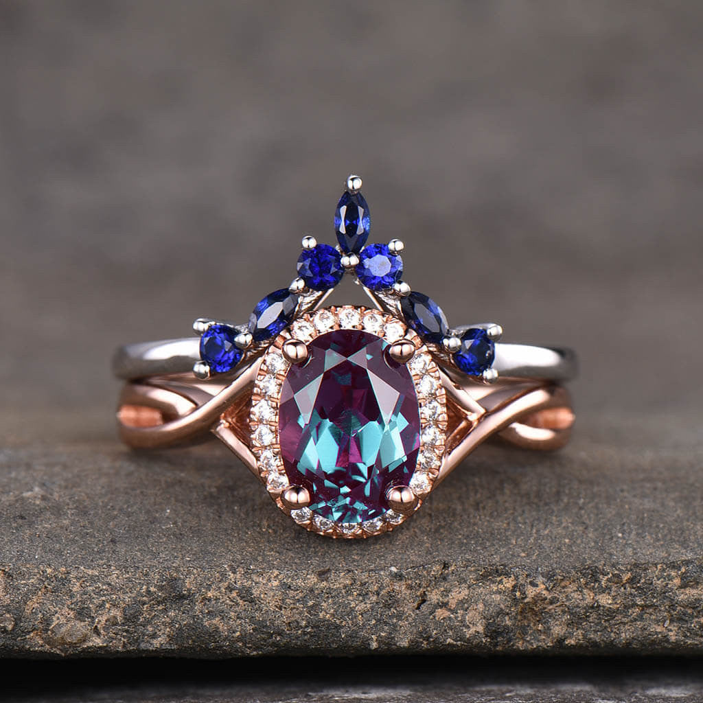 Infinity Alexandrite Engagement Ring Set with Lab Sapphire & Curved Matching Band - 2 Piece Wedding Jewelry Set for Brides, Anniversaries & Special Occasions