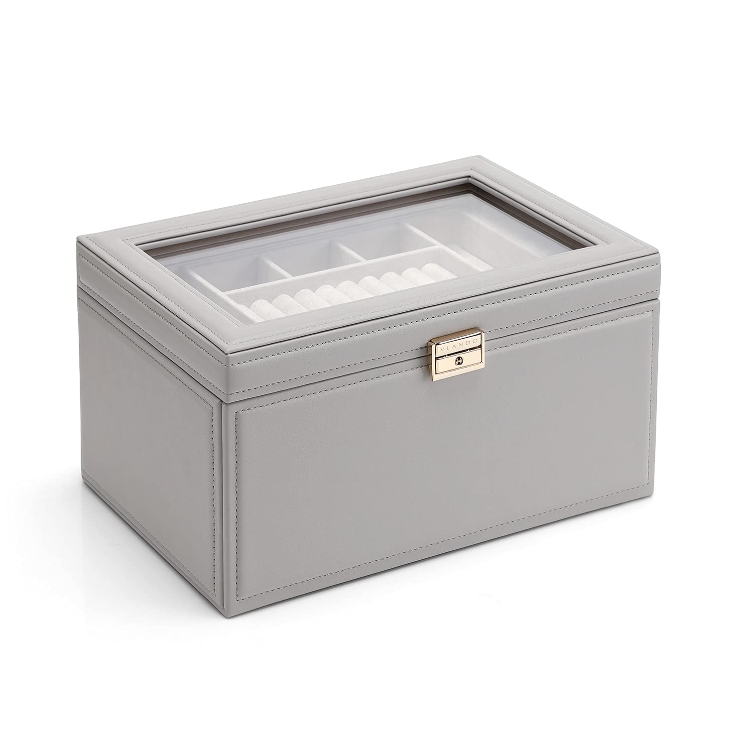 Vlando Large Leather Jewelry Box Organizer with 2 Drawers - Grey Jewelry Display Case & Storage Box for Necklaces, Rings, Earrings - Perfect for Travel, Home Decor & Gift Giving