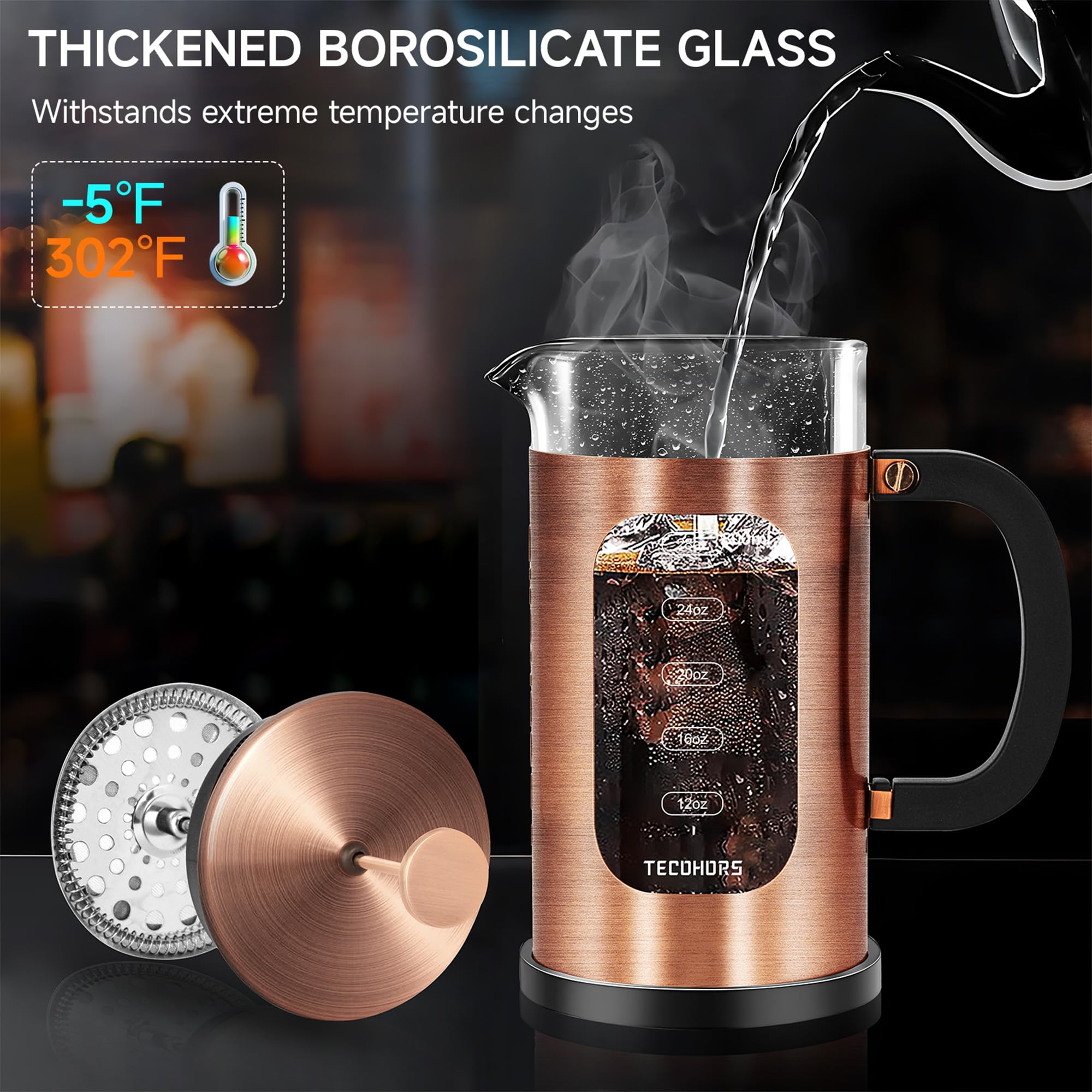 Premium 34oz French Press Coffee Maker - 304 Stainless Steel with 4 Filters, Heat-Resistant Borosilicate Glass - Perfect for Home, Office & Camping Coffee Brewing (Copper)