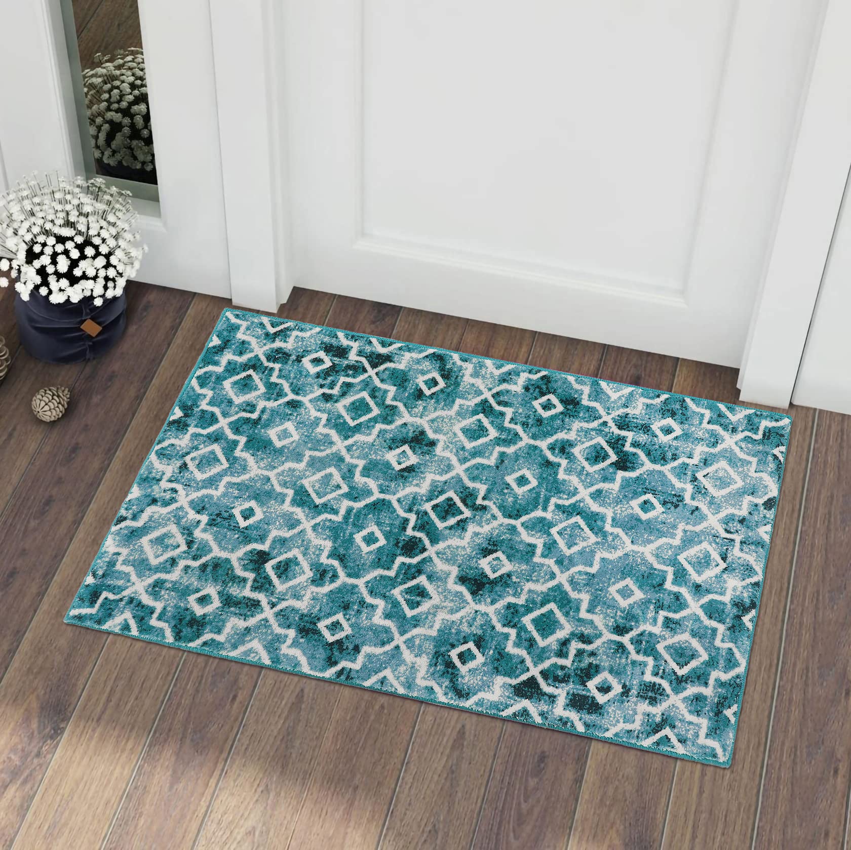 Wonnitar Moroccan Washable Area Rug - 2x3 Feet Teal Distressed Non-Slip Entryway Rug, Modern Geometric Faux Wool Carpet for Bathroom, Laundry, Indoor, Office, Living Room & Bedroom (Teal, 2'x3') - Perfect for Home Decor & High Traffic Areas