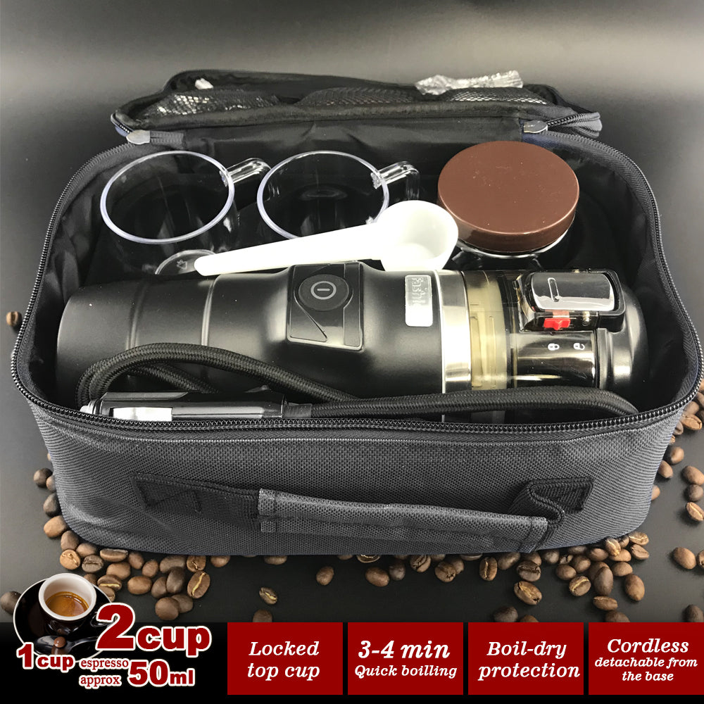12V Car Espresso Moka Coffee Maker Set - Portable Travel Coffee Machine with 2 Cups for Road Trips & Camping | Perfect for Commuters, Truck Drivers & Outdoor Adventures