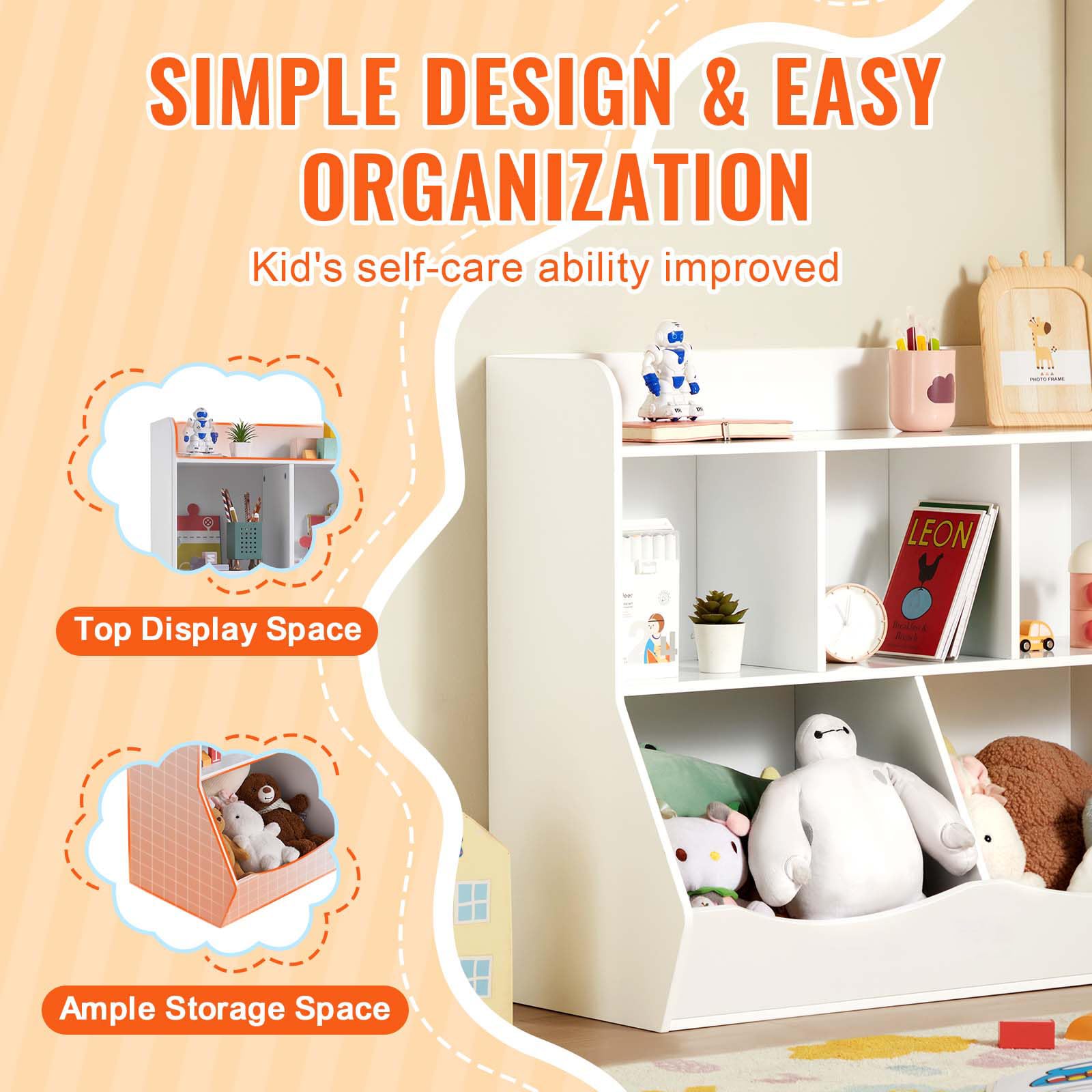VEVOR 5-Cubby Wooden Toy Storage Organizer with Bookshelf - Kids Room Storage Cabinet for Toys & Books - Nursery, Playroom, Kindergarten Furniture - White (Perfect for Organizing Toys, Books & Kids' Belongings)