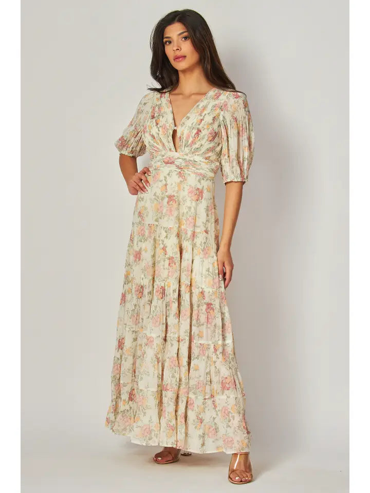 Floral Pleated Maxi Dress for Women - Summer Boho Long Dress with Side Slits, Beach Wedding Guest Outfit, Perfect for Vacations & Special Occasions