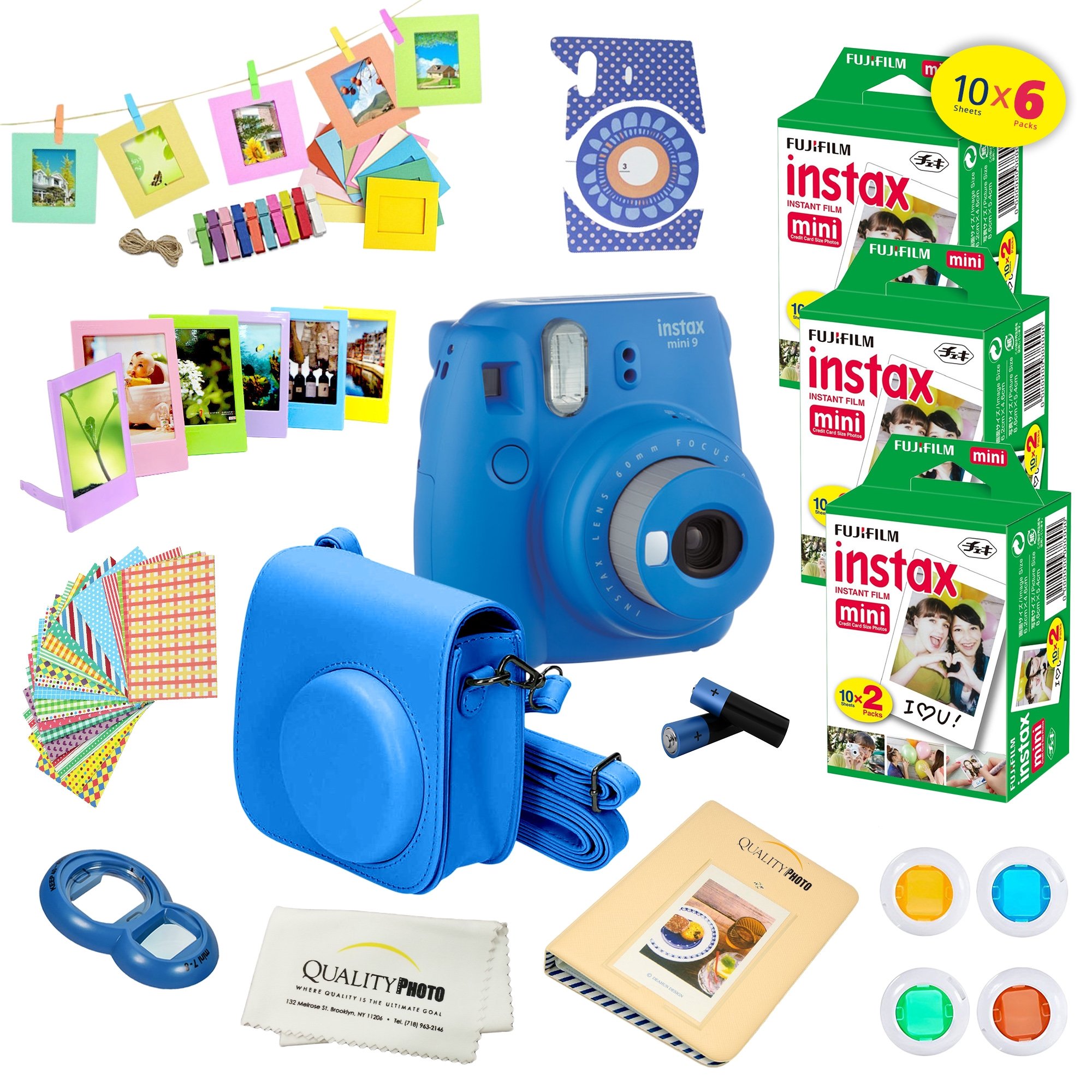 Fujifilm Instax Mini 9 Instant Camera in Cobalt Blue with 60-Pack Film & 14-Pc Deluxe Accessory Bundle - Perfect for Parties, Travel & DIY Photo Gifts