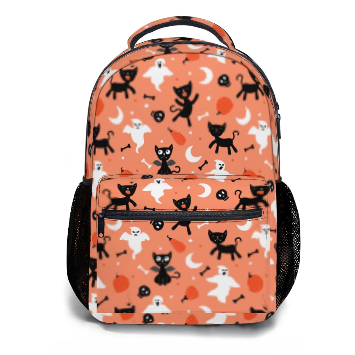 Halloween Cute Black Cat & Ghost 17 Inch Laptop Backpack - Lightweight Travel, School & College Bookbag for Men, Women & Teens - Perfect for Work, Outdoor & Holiday Gifts