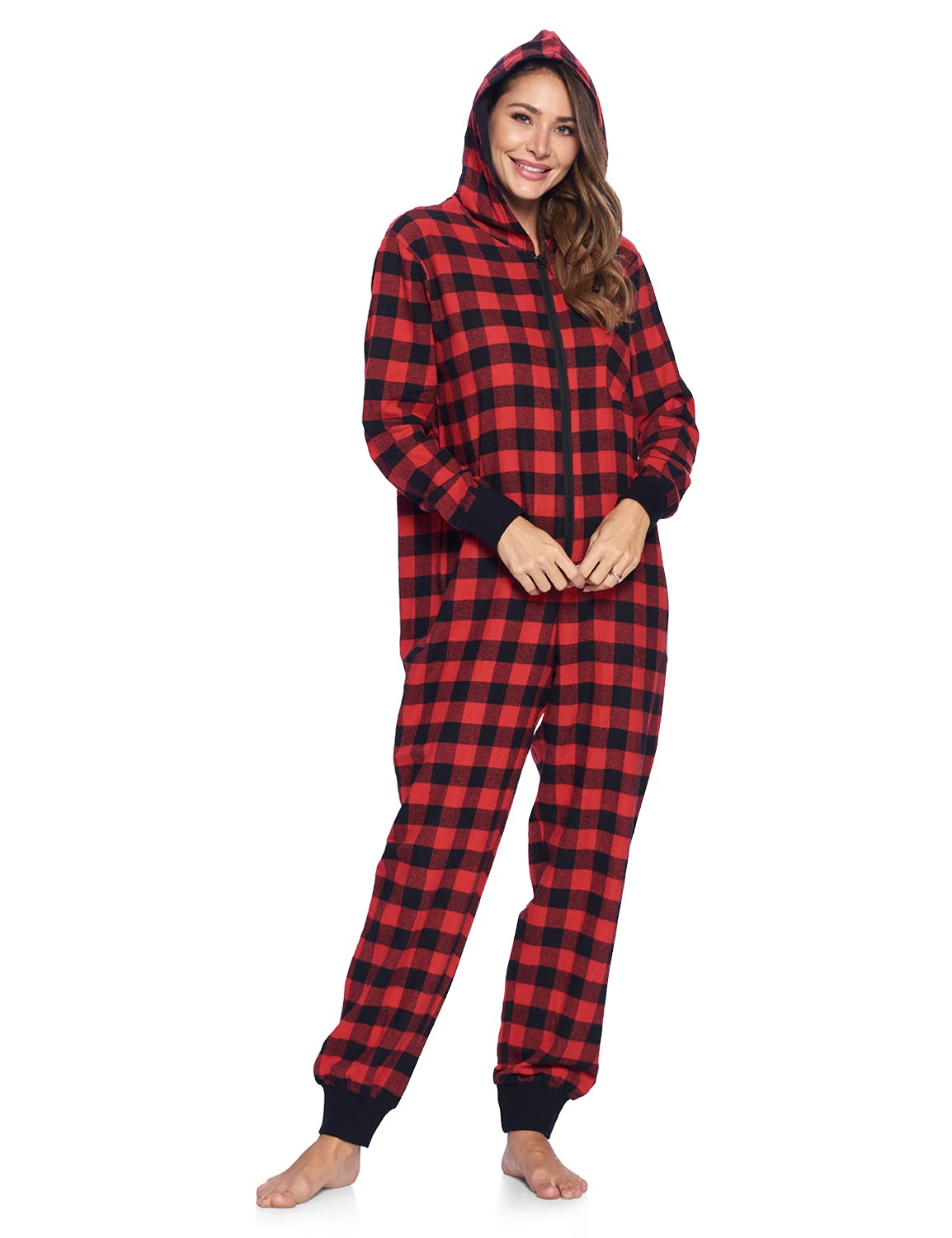 Ashford & Brooks Women's Flannel Hooded One Piece Pajama Union Jumpsuit - Cozy Winter Sleepwear for Women, Soft Fleece Lounge Wear, Warm Hooded Onesie for Home, Christmas & Holiday Comfort