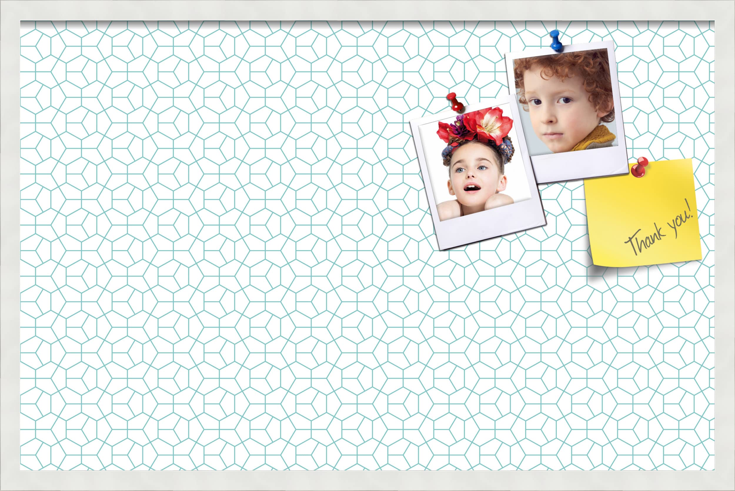 PinPix 34x22 Inch Cork Bulletin Board - Decorative Framed Pin Board with Modern Hex Aqua Design & Satin White Frame - Perfect for Home Office Decor, School Classroom, Dorm Room Organization & Wall Memo Display