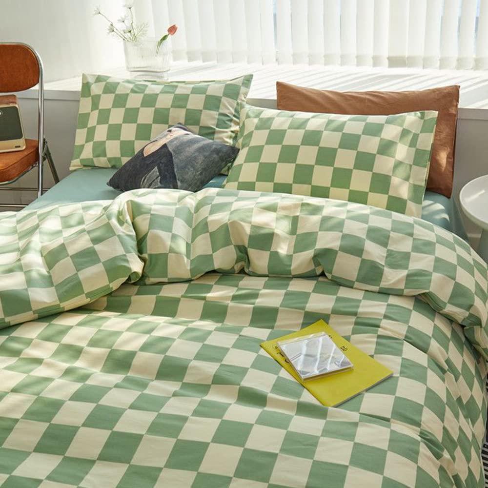 CLOTHKNOW Green White Plaid California King Comforter Set - 3 Piece Grid Bedding Set with 2 Pillowcases | Soft Checkered Duvet Cover for Master Bedroom, Guest Room & Dorm Decor