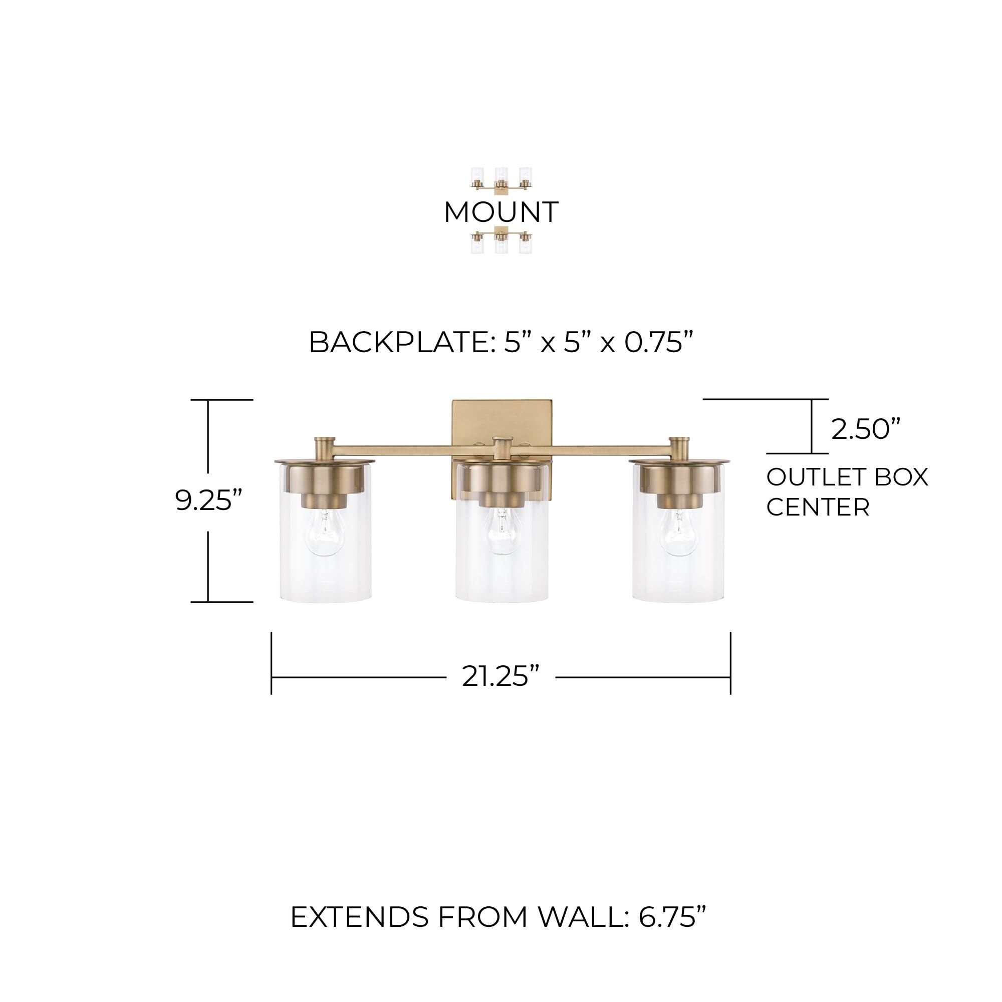 HomePlace Lighting 146831AD-532 Mason Transitional 3-Light Bathroom Vanity Fixture with Clear Glass Cylinder Shades, 300W Total, Brass Finish, 9