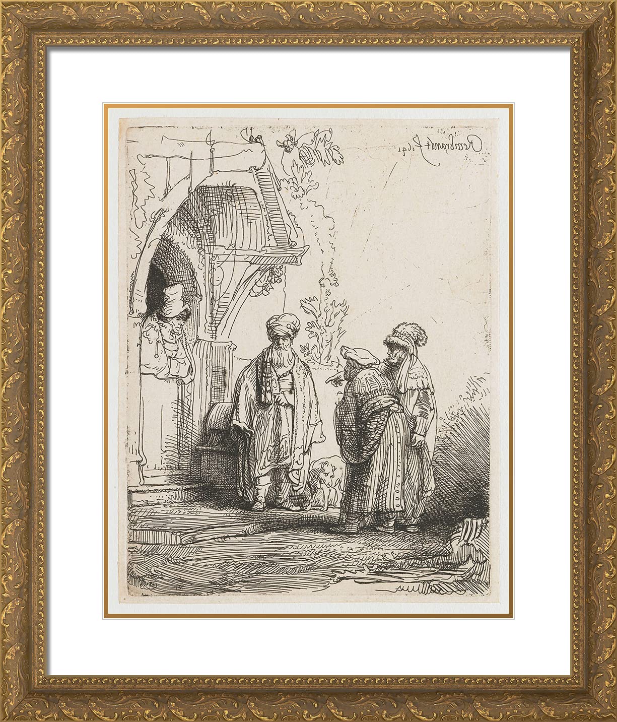 Rembrandt Gold Ornate Framed Art Print - Three Oriental Figures Jacob and Laban - 20x23 Inch Museum Quality Reproduction with Double Matting - Perfect for Living Room, Office Decor & Art Collectors