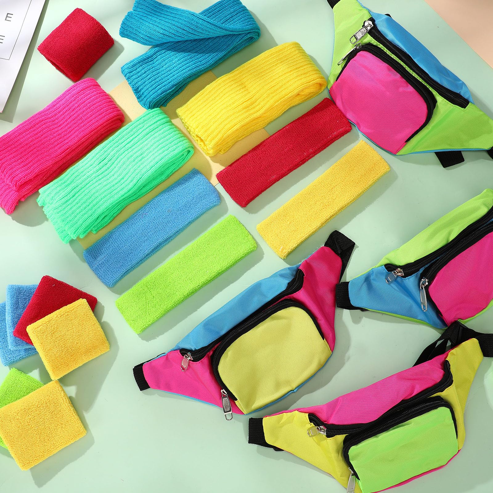 Xuniea 4-Piece 80s Workout Accessories Set for Women - Retro Fanny Pack, Neon Leg Warmers, Headband & Wristbands | 80s 90s Disco Party, Cosplay & Dance Costume Outfit