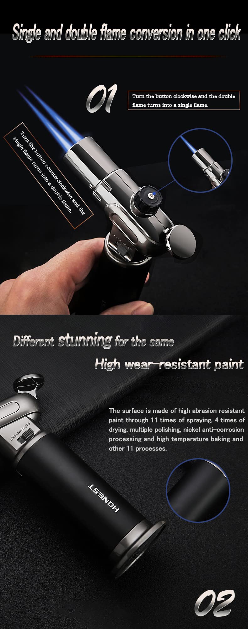 WDMART-US Windproof Refillable Butane Gas Lighter - Dual Turbo Direct Injection Metal Lighter with Fixed Flame Function for Cooking, Camping & Outdoor Use (Gold) | Gas Not Included