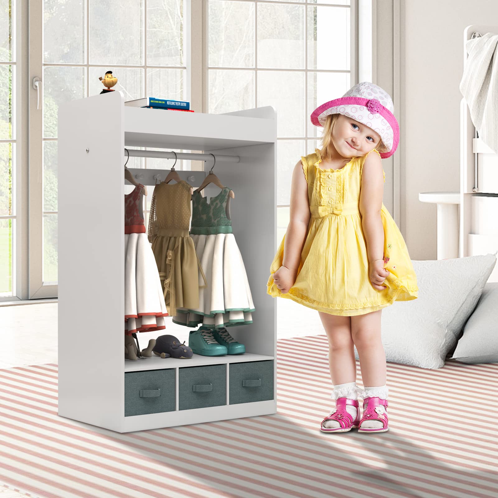 Kids Costume Organizer with Mirror & Storage Bin - Hanging Dress Up Closet for Pretend Play - White | Perfect for Bedroom, Playroom & Toy Storage Organization