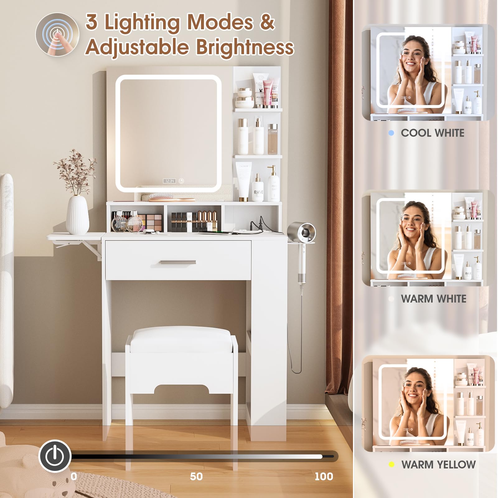 Fameill Small Vanity Desk with Mirror & LED Lights, White Makeup Vanity Table with Drawer, Storage Shelves, USB Charging Station & Digital Clock - Includes Vanity Chair for Bedroom, Dressing Room & Apartment Decor