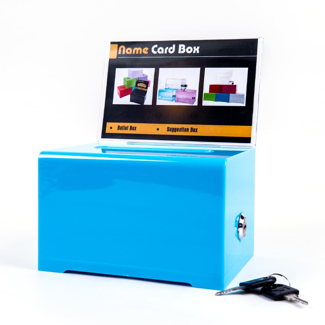 Acrylic Suggestion Box with Lock & Sign Holder - Secure Donation Box, Tip Jar, Ballot Box for Votes, Surveys, Raffles, Elections (6.2x4.7x4 Inch, Blue) - Perfect for Restaurants, Retail Stores & Community Events