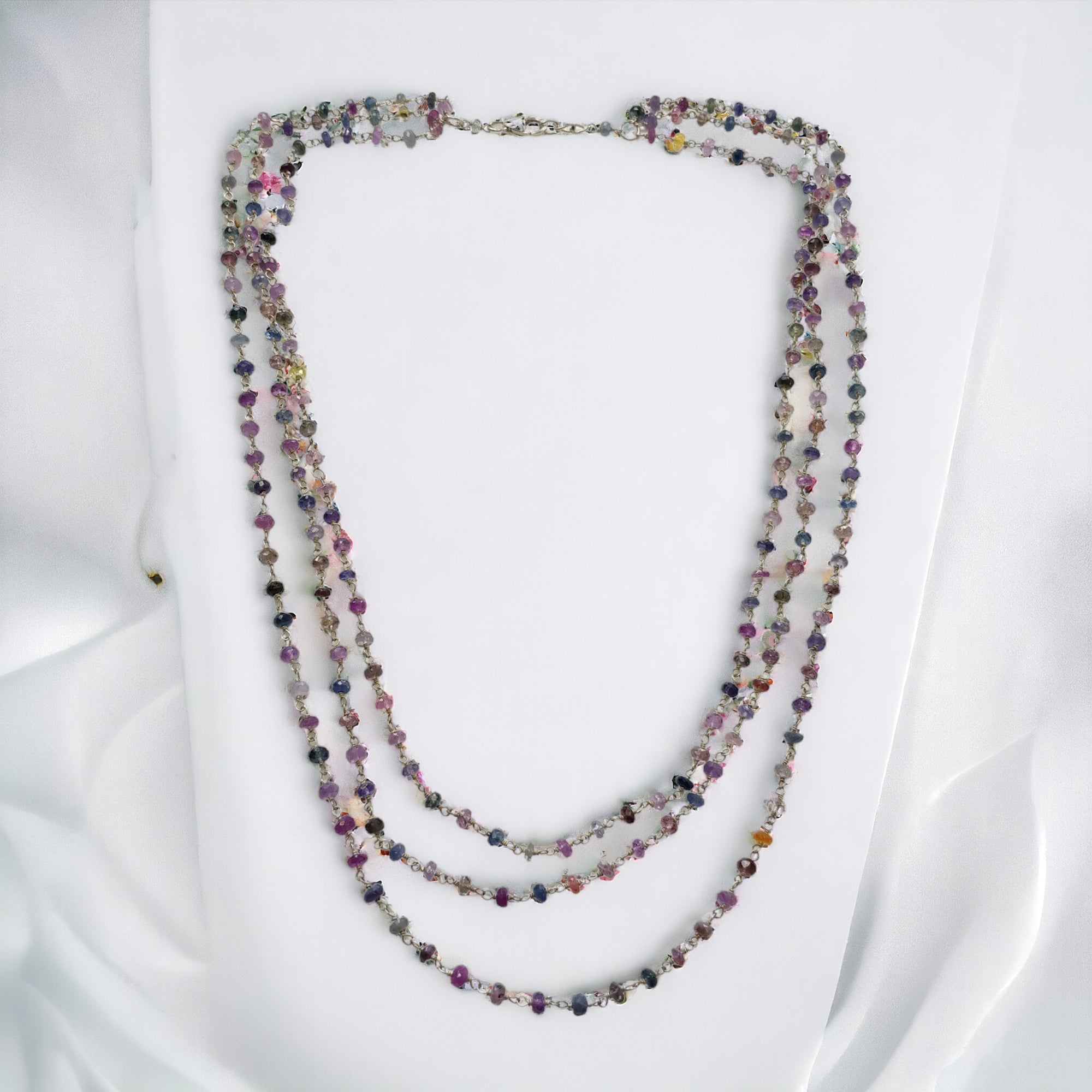 925 Sterling Silver Multi Sapphire Gemstone Beaded Necklace - 20.04gms Natural Faceted Sapphire 3-Step Beaded Necklace for Women | Perfect for Weddings, Parties & Special Occasions