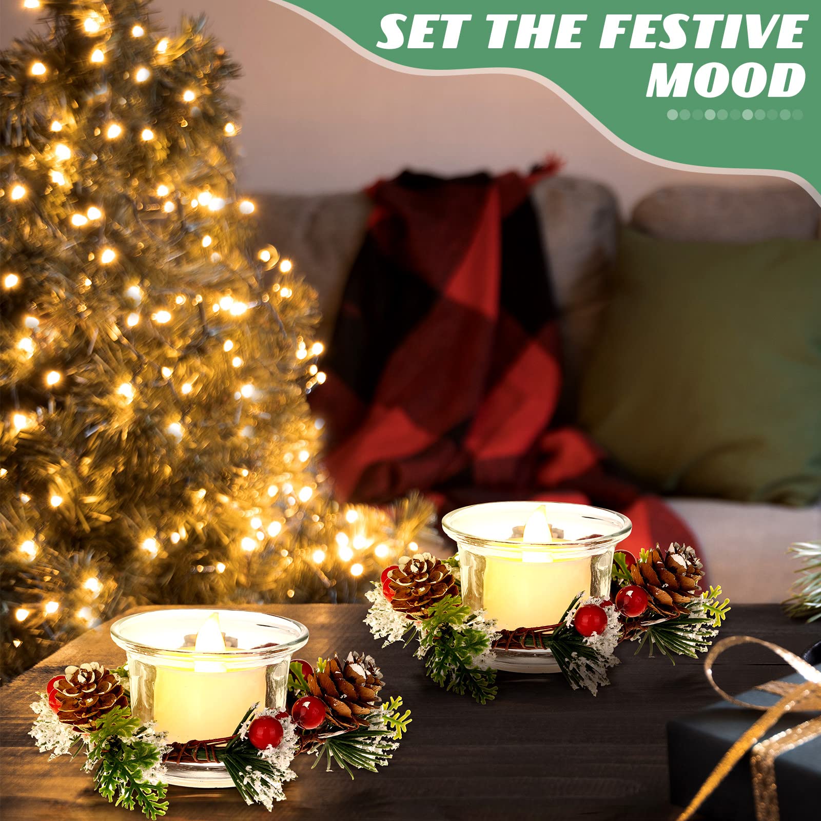 18 Pcs Christmas Candle Rings Set - Artificial Berry Wreath with Glass Tealight Holders & Votive Candles for Holiday Table Decor, Fireplace Mantel, and Festive Home Decoration