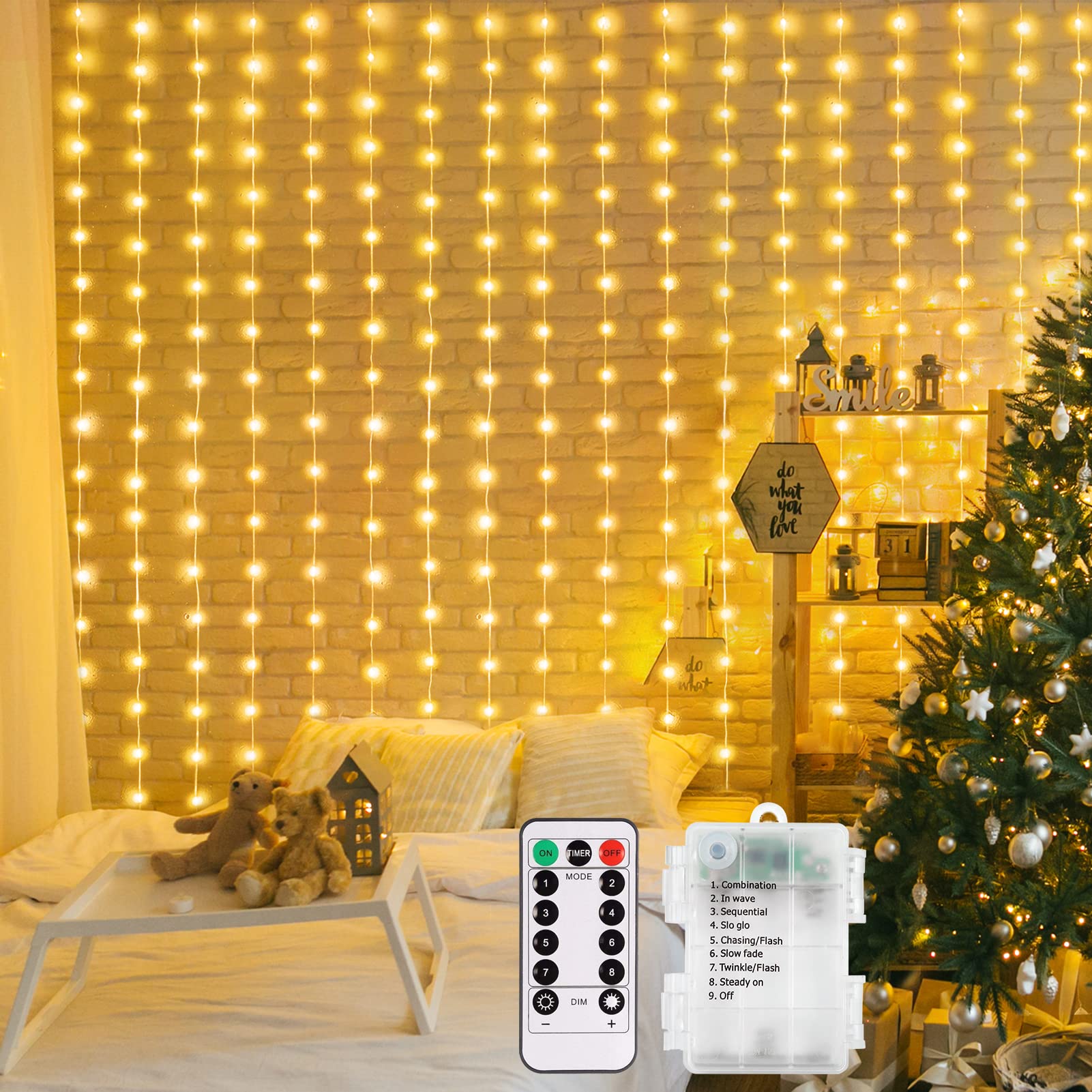 200 LED Battery Operated Curtain Lights - 6.6×6.6ft Waterproof Fairy Lights with Remote, 8 Modes & Timer - Warm White Indoor Outdoor Wedding Backdrop, Bedroom, Garden, Party Decor (Perfect for Weddings, Christmas, Patio, and Home Decoration)