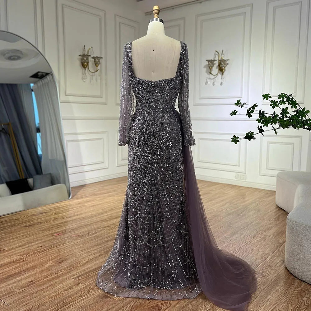 Elegant Arabic Purple Mermaid Evening Gown with Beaded Details & Tulle Overskirt for Women | Wedding, Prom, Gala & Formal Party Dresses 2025 | LA72032F | Perfect for Bridesmaid, Cocktail Party & Special Occasions