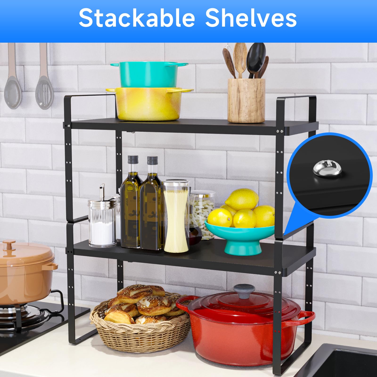 Expandable Cabinet Shelf Organizer - Stackable Kitchen Pantry Storage, Adjustable Closet & Cupboard Rack with 80LBS Capacity - Black Large 2 Pack for Spice Organization, Countertop & Bathroom Storage