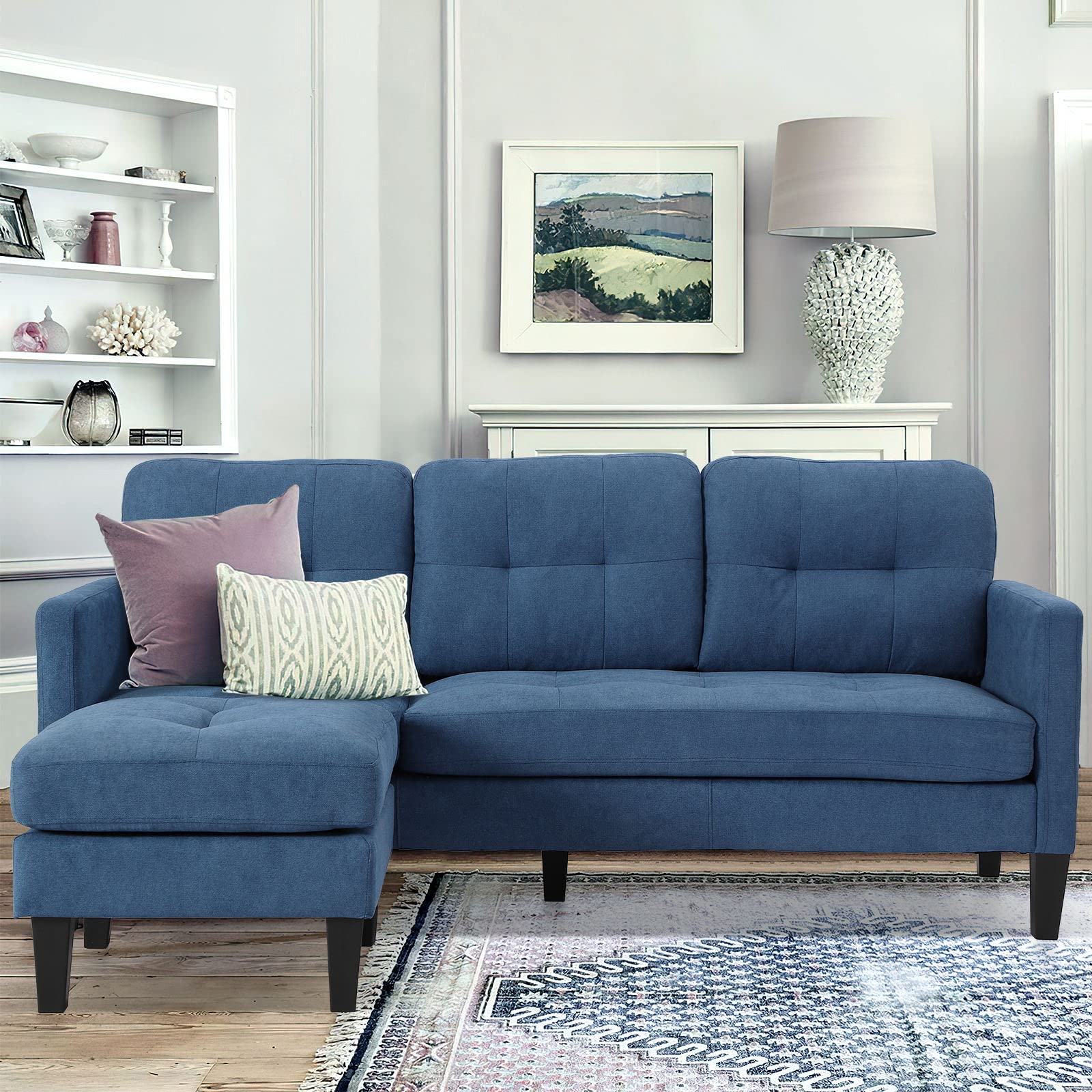 LEISU Convertible Sectional Sofa - Modern Linen Fabric L-Shaped Couch with Reversible Chaise, 4-Seat Modular Sofa for Small Spaces, Apartments & Living Rooms (Blue) | Perfect for Studio Apartments, Condos & Cozy Home Decor