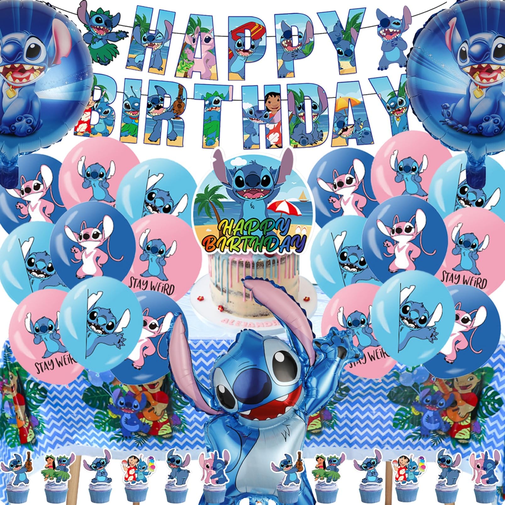 Stitch Birthday Party Decorations Kit - Large Banner, Cake Topper, Tablecloth, Foil & Latex Balloons - Perfect for Disney Lilo & Stitch Themed Parties, Baby Showers & Kids Birthday Celebrations