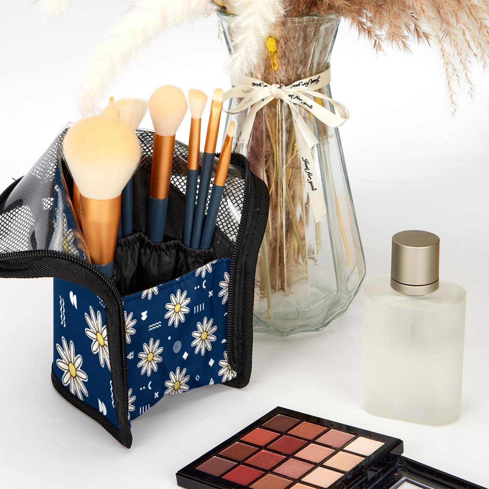 Premium 12-Piece Makeup Brush Organizer Bag - Daisy Blue Seamless Flowers Design, Portable Travel Cosmetic Brush Holder Case for Professional Makeup Artists & Beauty Enthusiasts | Perfect for Home, Travel & Salon Use