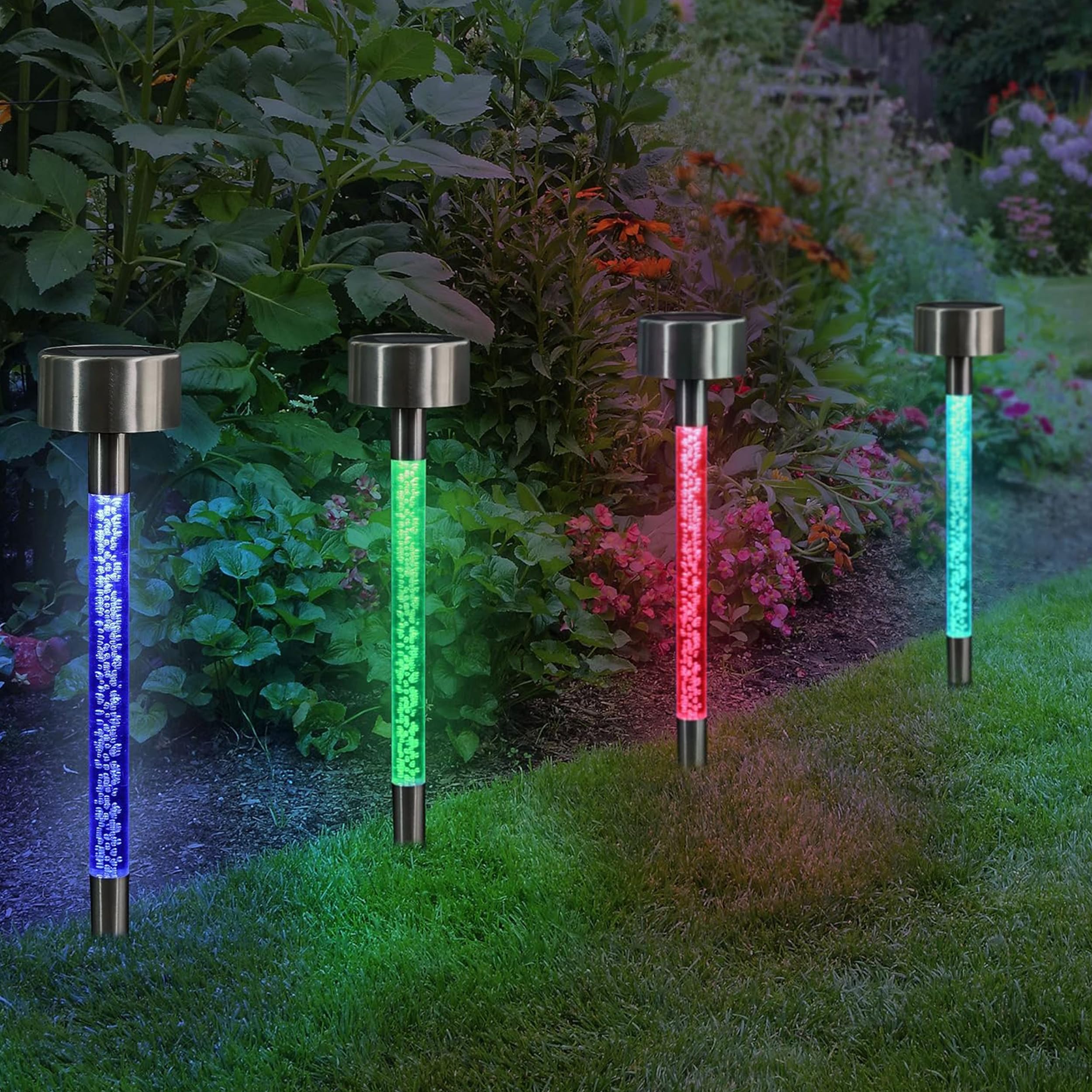 Exhart Garden Solar Lights - Set of 4 Color Changing LED Outdoor Decorative Bubble Stake Lights for Lawn, Yard, Pathway & Patio Decor | 2.5 x 14 Inch Solar Powered Landscape Lighting | Perfect for Garden Parties, Backyard Weddings & Nighttime Ambiance