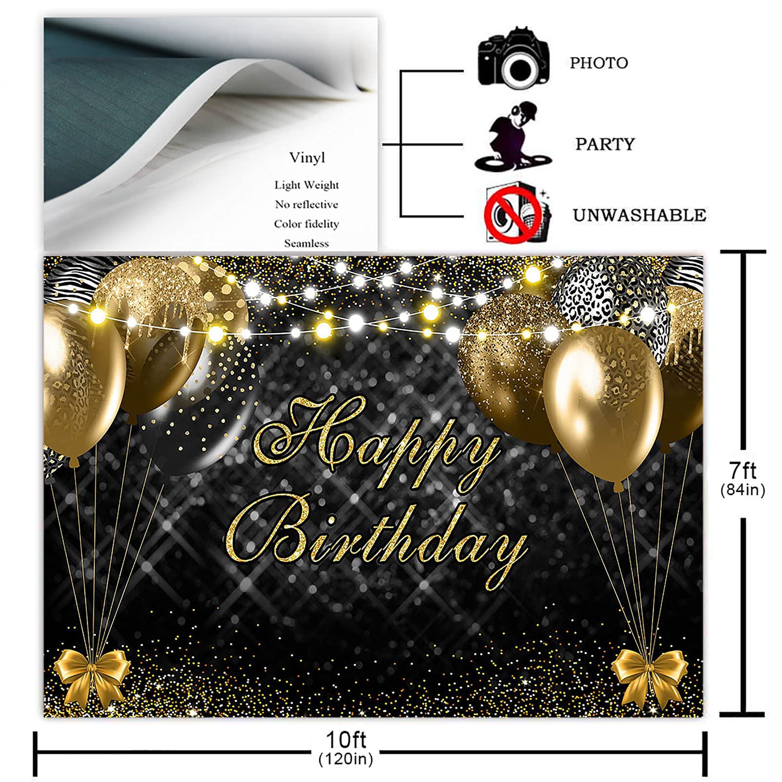 Black and Gold Happy Birthday Backdrop - 10x7ft Glitter Dots Balloon Photography Background for Adult Birthday Party Decor, Photo Booth & Photoshoot | Perfect for Bachelorette, Milestone Celebrations & Social Media Content Creation
