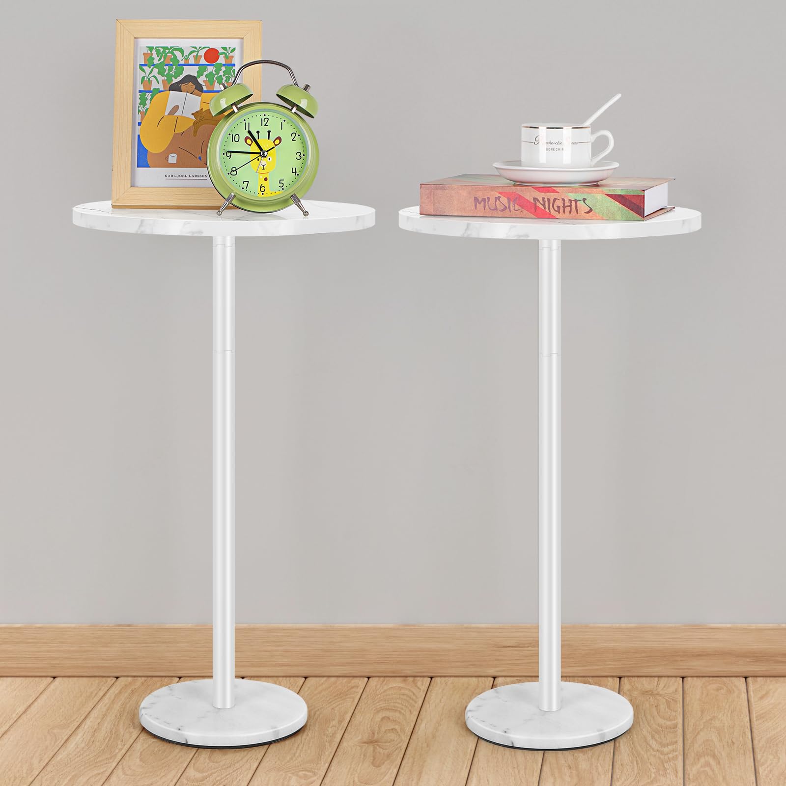 Modern White Round Side Table Set of 2 - Small Accent End Tables with Marble Base for Living Room, Bedroom, Outdoor - Perfect for Drinks, Books & Decor
