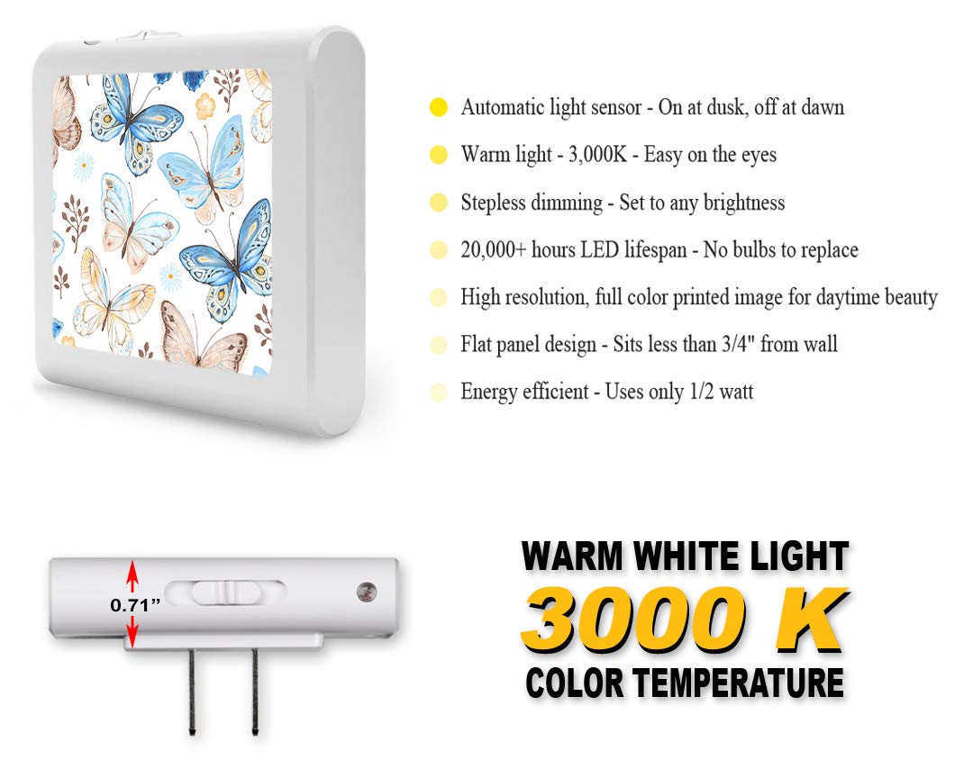 Dimmable LED Night Light with Auto On/Off Sensor, Adjustable Brightness & Warm White Light - Perfect for Bathroom, Hallway, Nursery & Bedroom - Blue & Tan Butterfly Design - Energy Saving Plug-in Nightlight for Kids & Adults