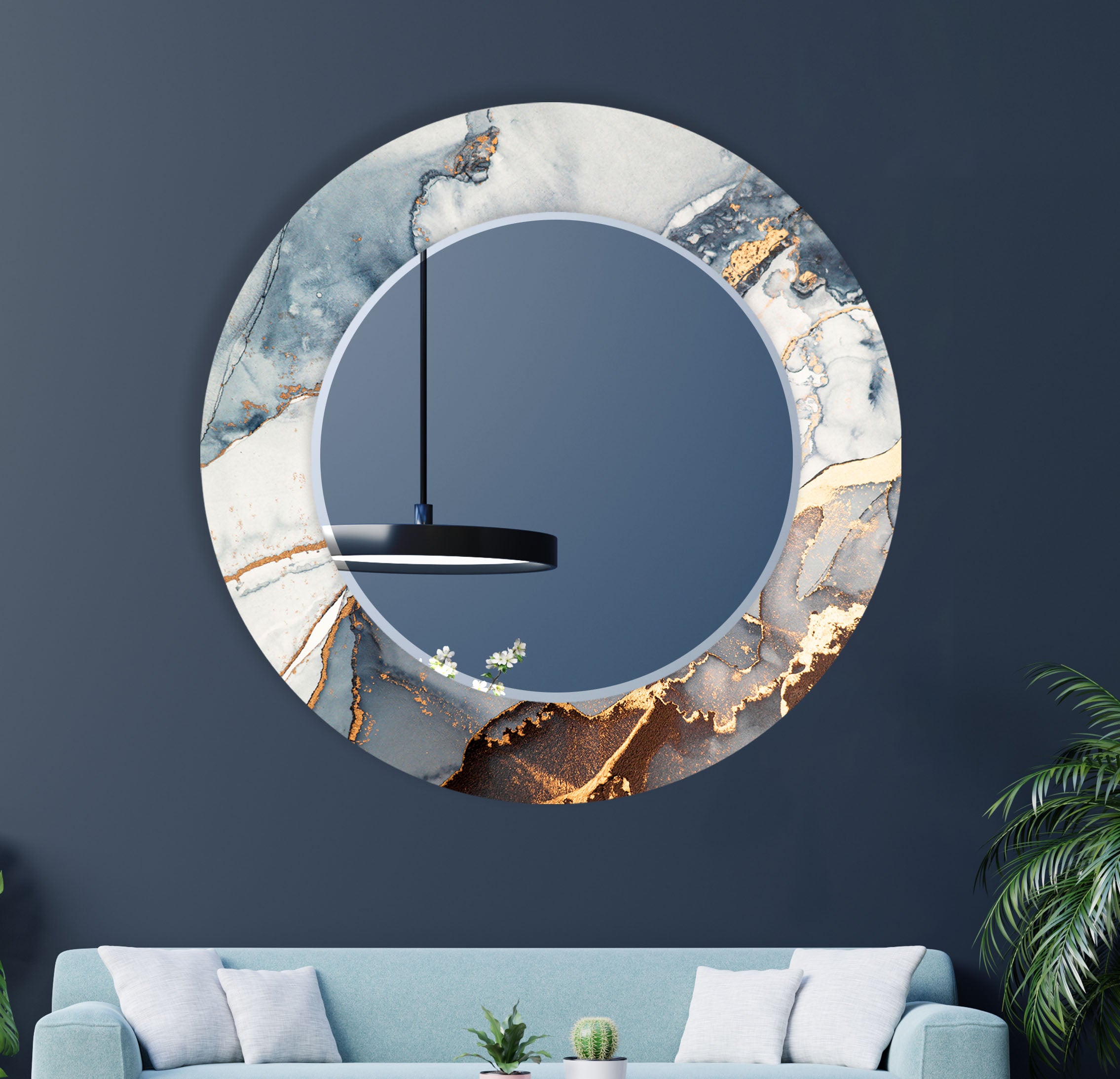 Luxury Blue & Gold Marble Glass Wall Mirror - Modern Statement Decor for Living Room, Bedroom, Entryway & Bathroom