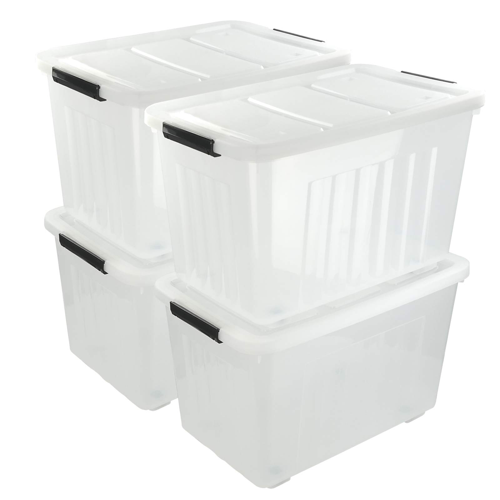 4 Pack Large Plastic Storage Boxes with Wheels & Lids - 70L Heavy Duty Organizing Bins for Home, Garage, Office - Stackable Rolling Storage Containers for Clothes, Toys, Seasonal Decorations