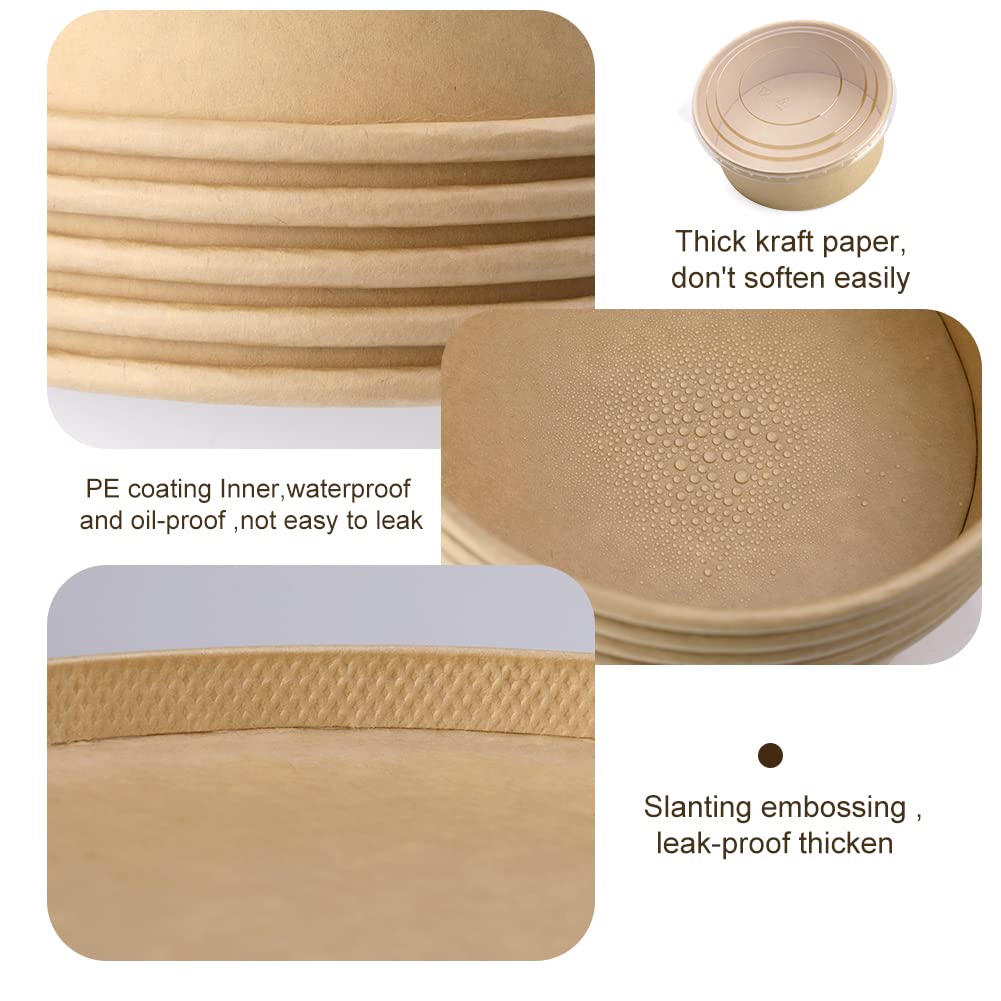 37 oz 25 Pcs Eco-Friendly Disposable Paper Salad Bowls with Clear Lids - 1100ml Kraft Food Containers for Salads, Ice Cream, Yogurt - Perfect for Parties, Picnics & Takeout Meals