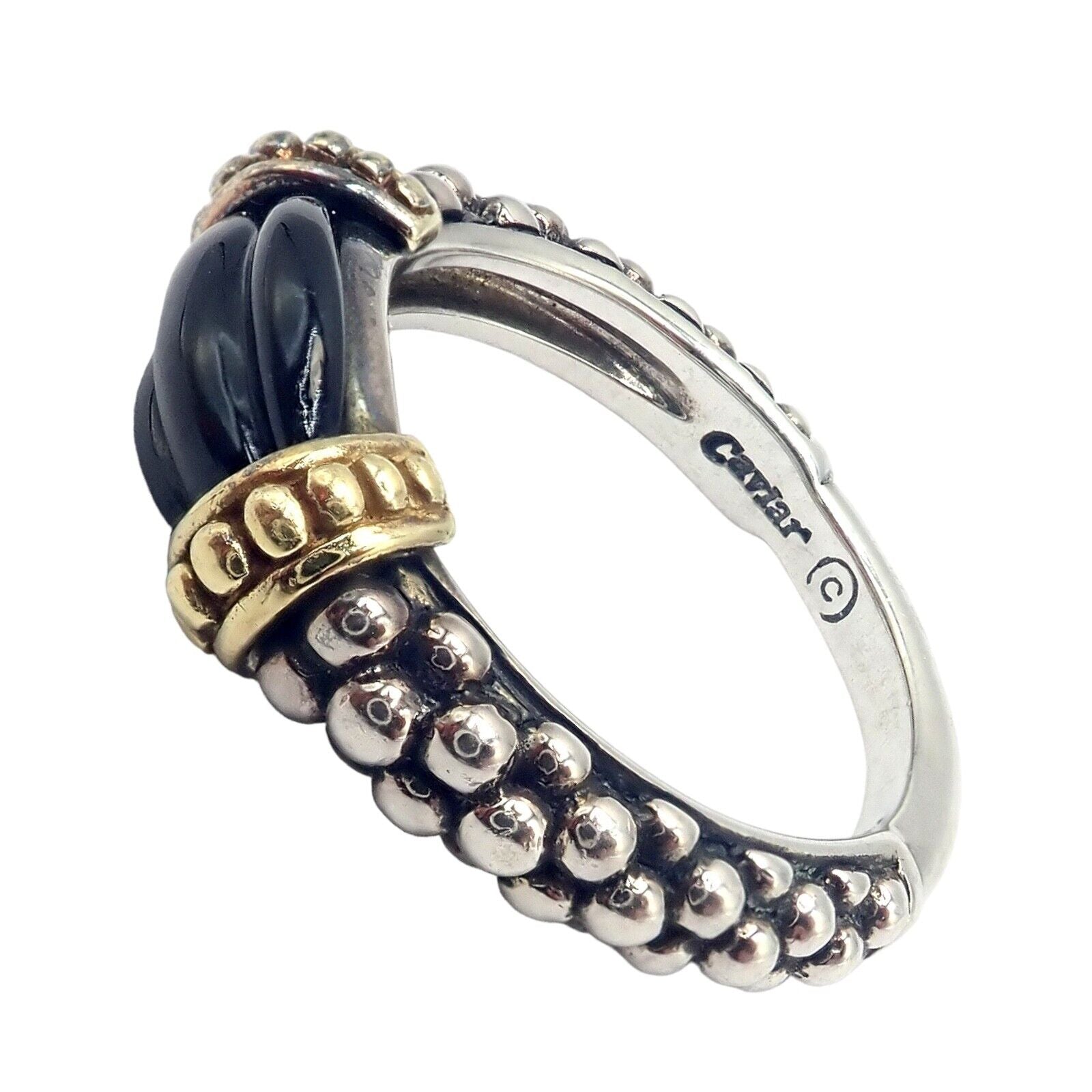 Authentic Lagos Caviar Silver & 18k Yellow Gold Onyx Ring - Size 5.5 | Luxury Statement Jewelry for Women, Perfect for Weddings, Parties & Special Occasions