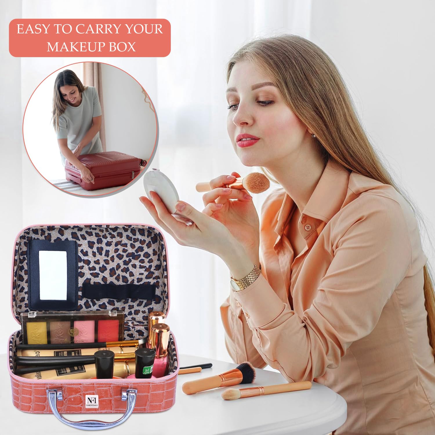NFI Essentials Makeup Organizer with Mirror - Pink for Travel & Vanity
