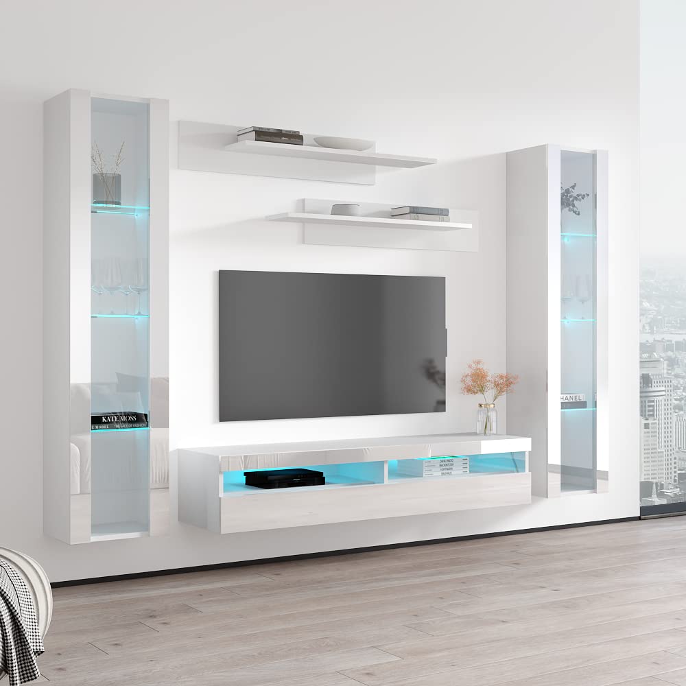 Modern Floating TV Stand with Storage & LED Lights - Wall-Mounted Entertainment Center for Bedroom & Living Room - White Meble Furniture Fly AB2 35TV Console with Shelves - Perfect for Small Spaces & Home Theater Setup