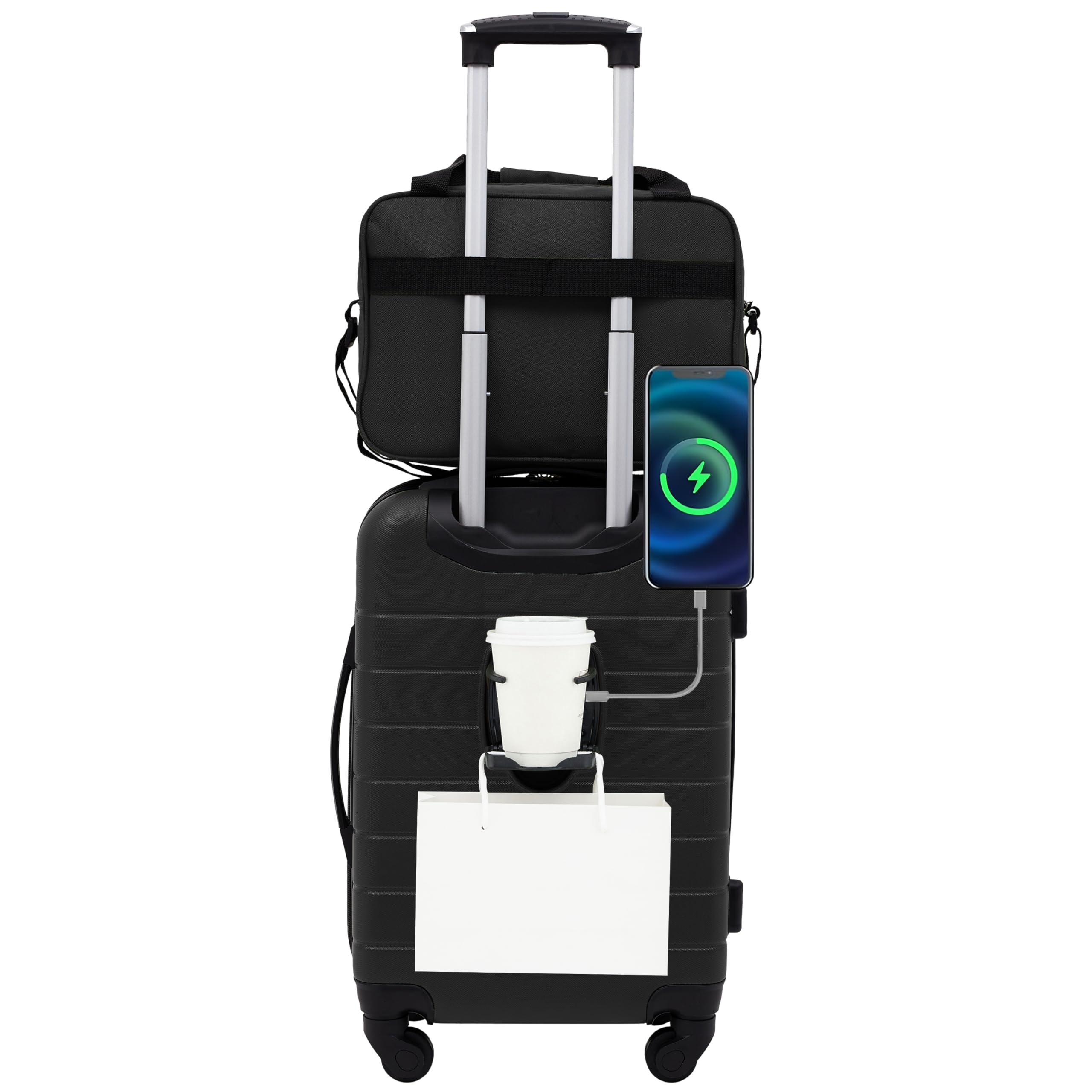 Wrangler Smart 2-Piece Luggage Set with Cup Holder, USB Charging Port & Phone Holder - Black | Perfect for Air Travel, Business Trips & Weekend Getaways