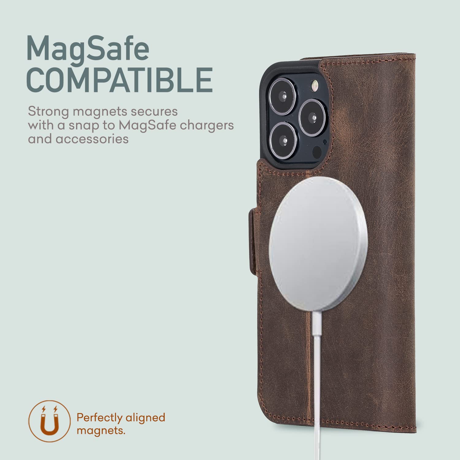 Bayelon Premium Full Grain Leather Wallet Case for iPhone 13 Pro Max - Magnetic Folio Flip Cover with Card Slots & Kickstand, MagSafe Compatible (Dark Brown) | Perfect for Business, Travel & Everyday Protection