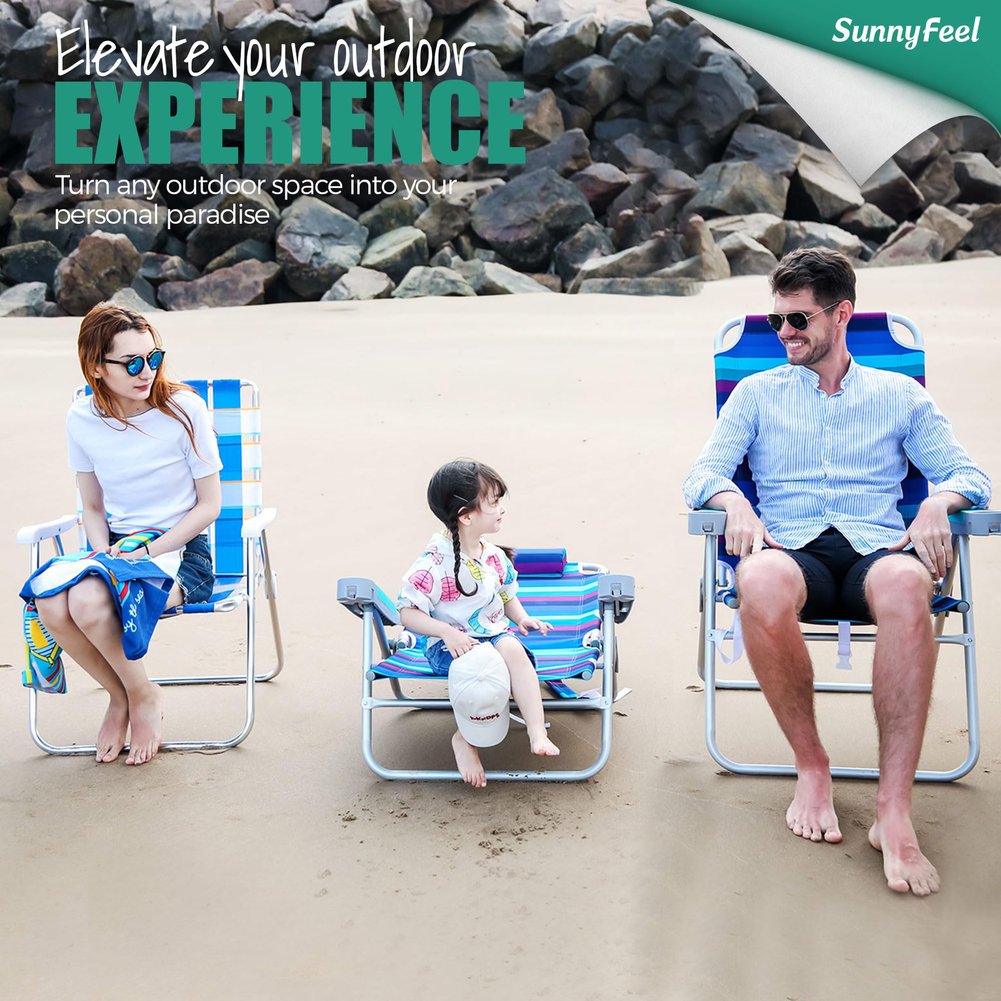 Sunnyfeel Heavy Duty 500lb Capacity Folding Beach Chair for Adults - Lightweight Portable Sand Chair with Cup Holders, Tall Foldable Camping Lawn Chair for Outdoor Activities, Beach, Picnic, Concert & Sports Events - Perfect for Summer Vacations, Backyard Relaxation and Tailgating Parties