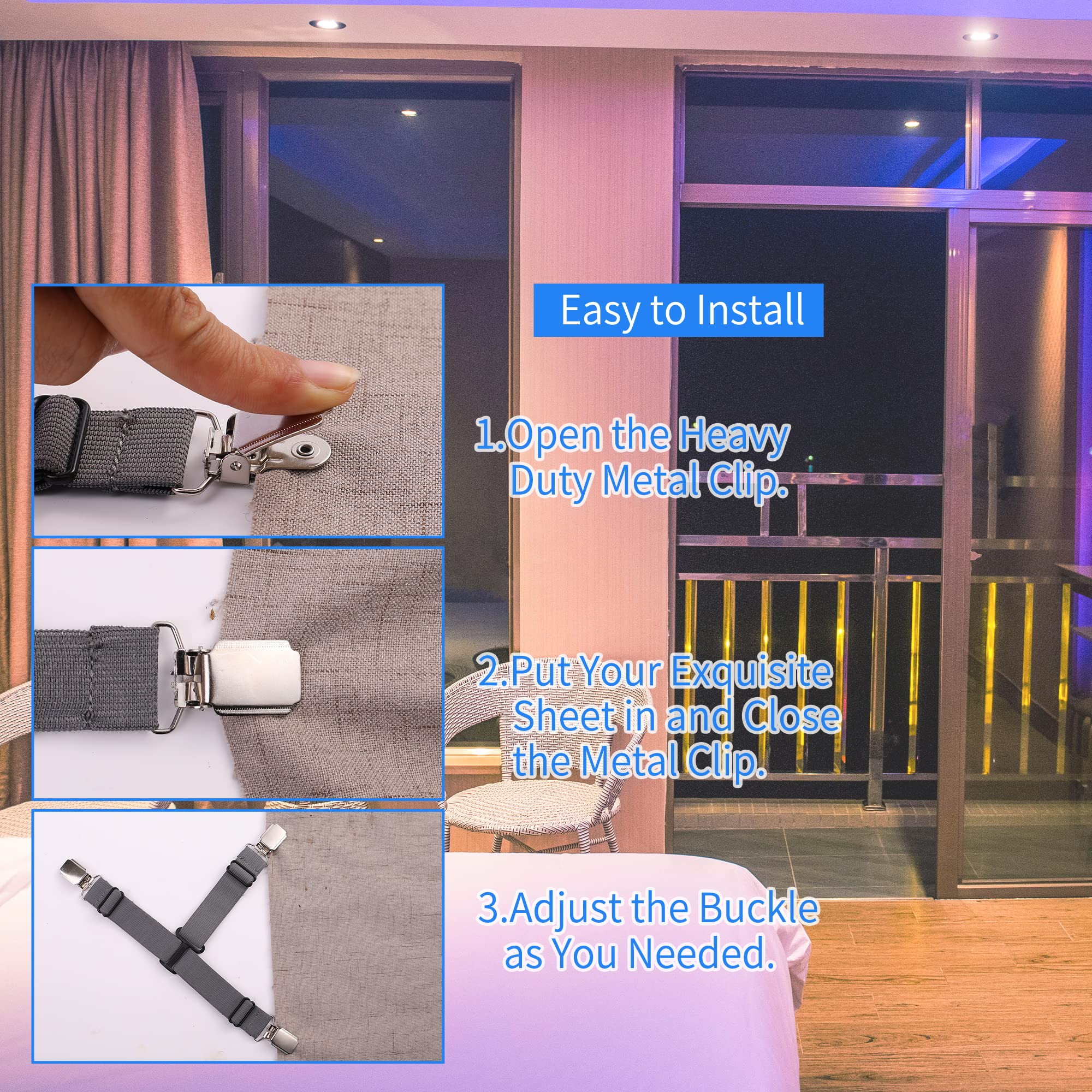 **4-Pack Premium Fitted Sheet Straps - Heavy Duty Bed Sheet Clips for Secure Hold - Grey Sheet Suspenders - Perfect for Deep Pocket Sheets & Adjustable Beds**    *(Ideal for keeping sheets snug on mattresses, preventing slips during sleep, and organizing bedding in homes, hotels, or RVs.)*