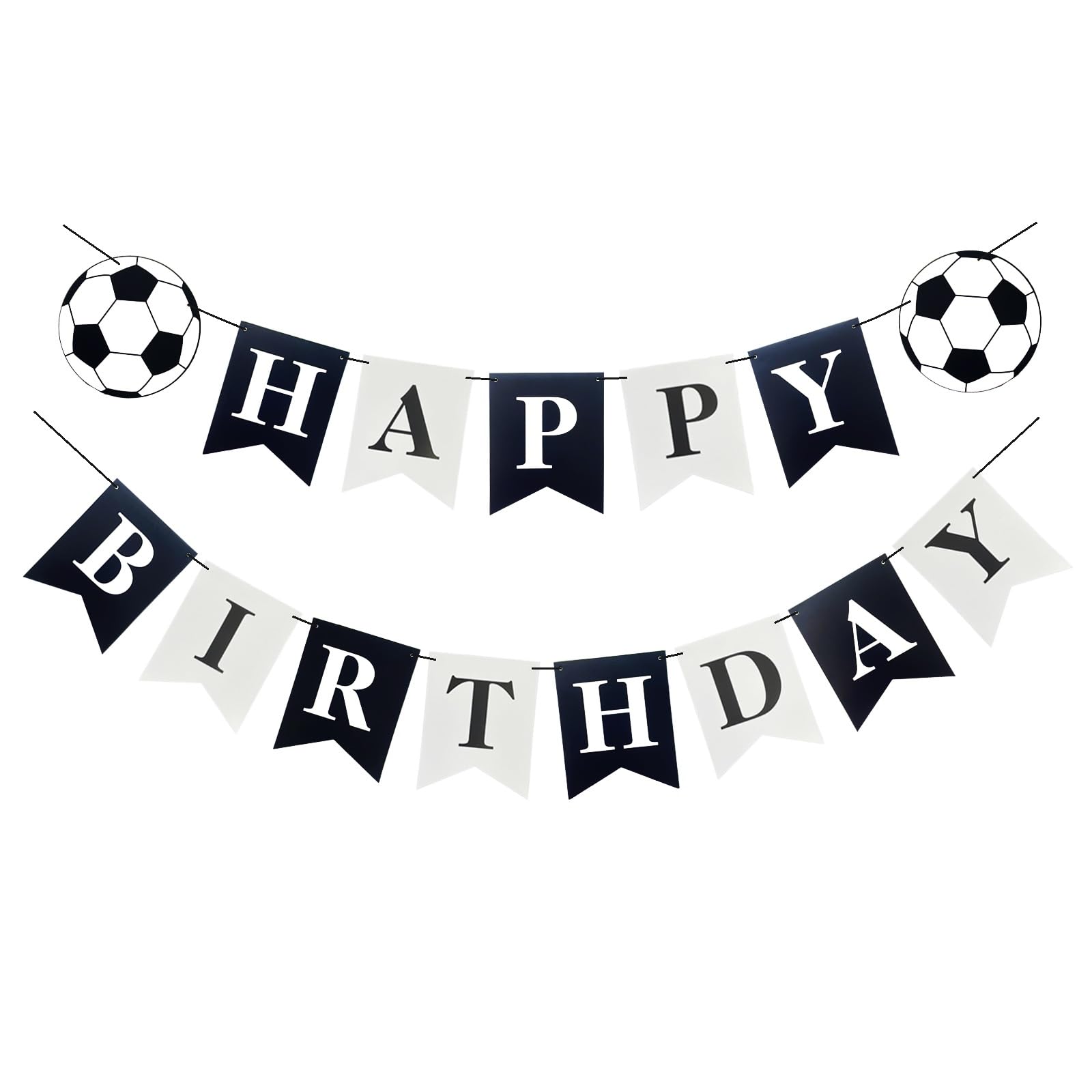 Black & White Soccer Birthday Banner - Happy Birthday Soccer Party Decorations, Swallowtail Flag Bunting Sign for Boys & Girls - Perfect for Soccer Themed Birthday Parties, Game Day Celebrations & Sports Decor