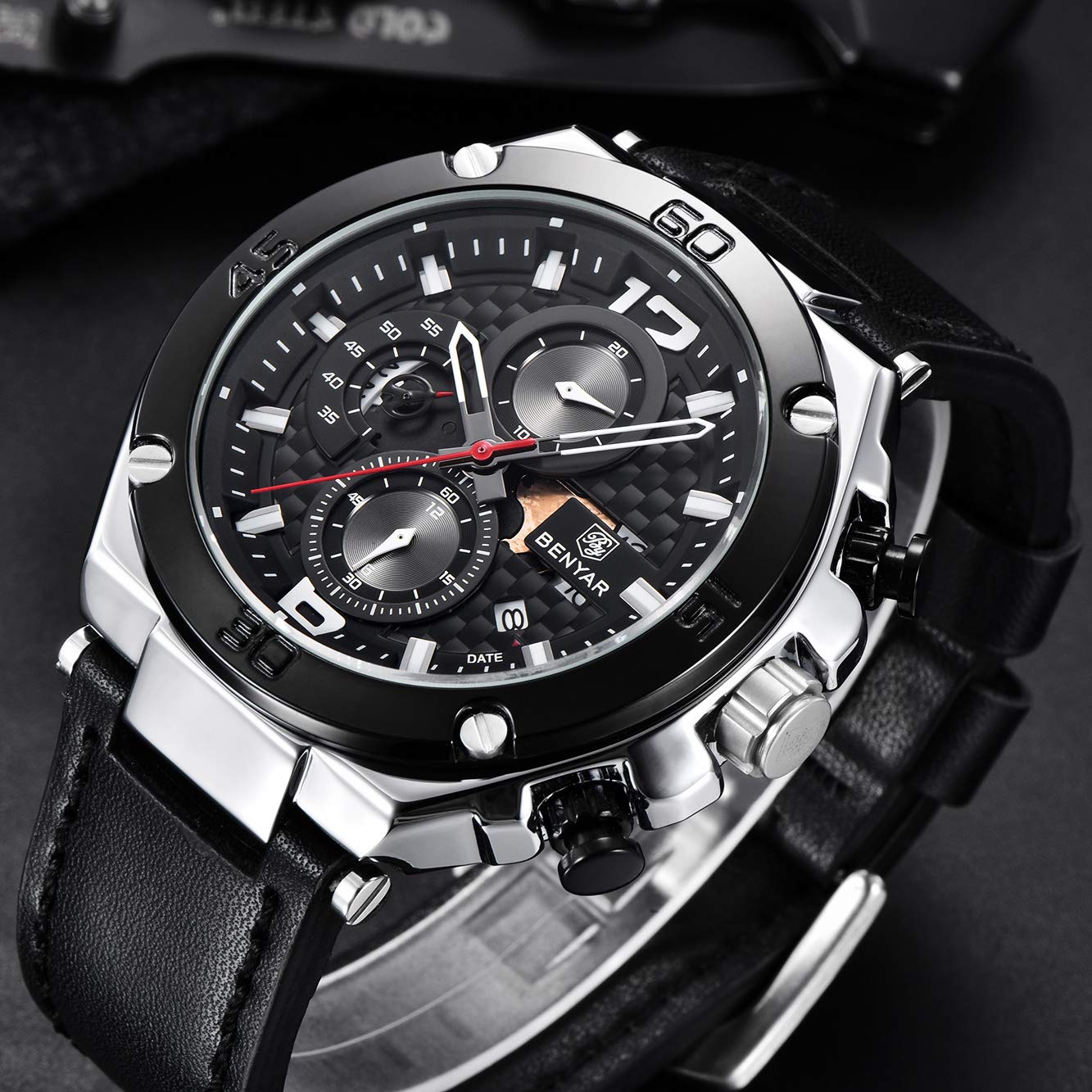 BENYAR Men's Chronograph Waterproof Sports Watch with Leather Strap - Date Display Business Casual Wristwatch for Office, Outdoor & Daily Wear